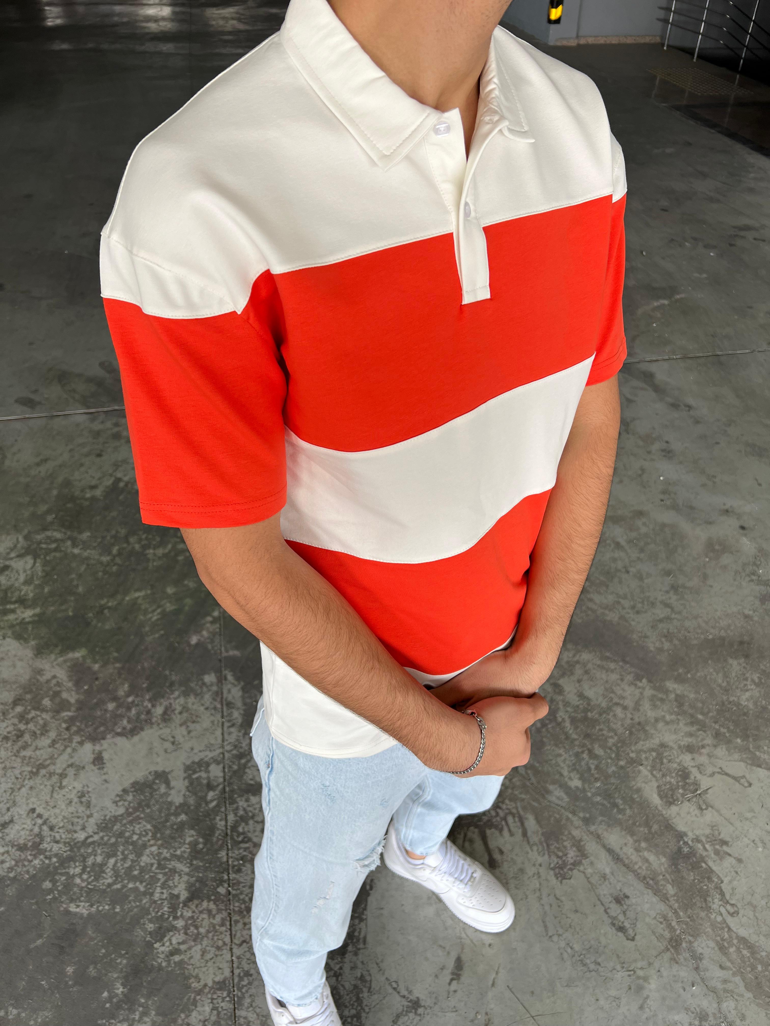 Oversize Çizgi Detaylı Tişört Turuncu