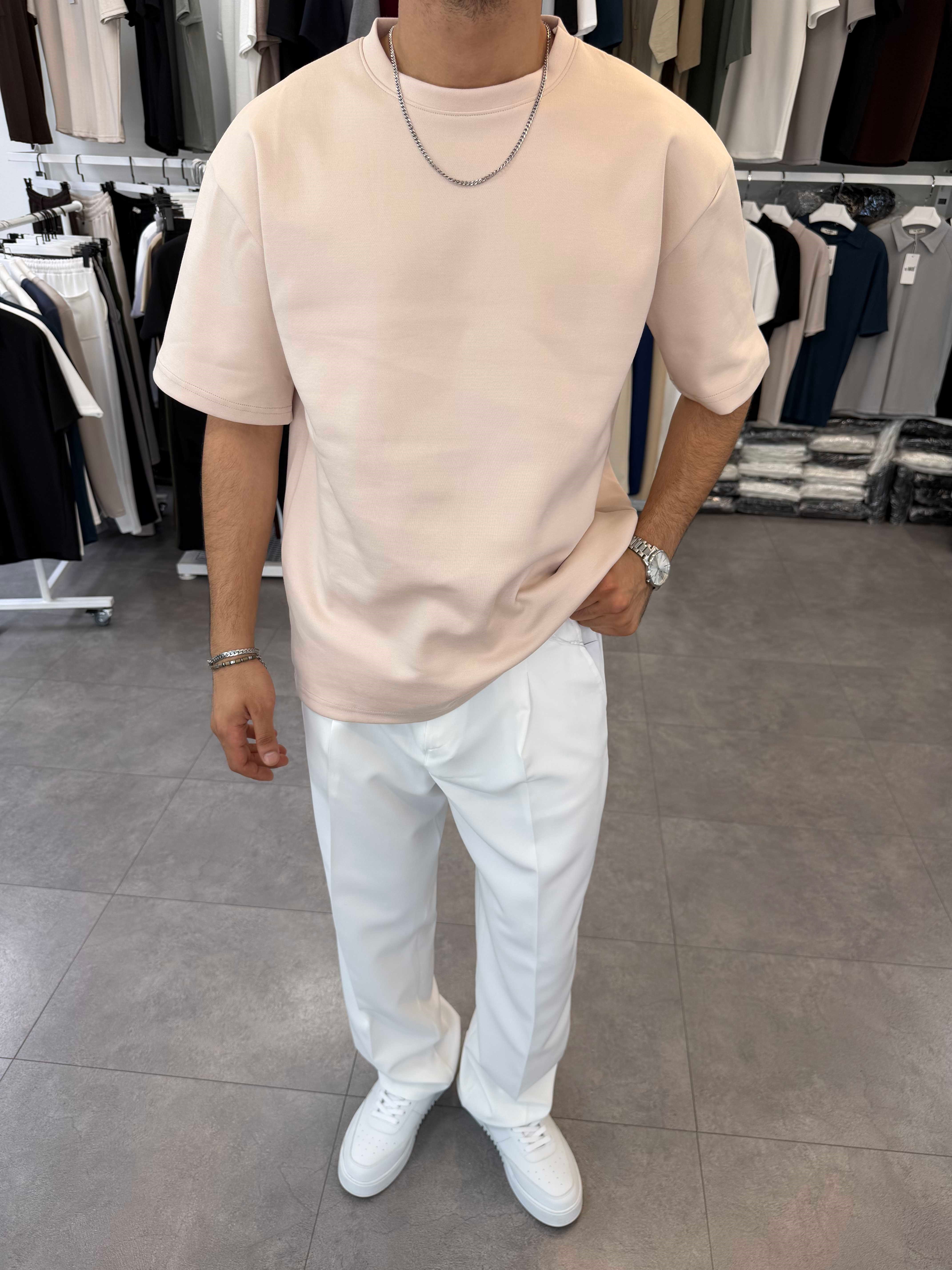 Oversize Duble Örme Tişört Bej