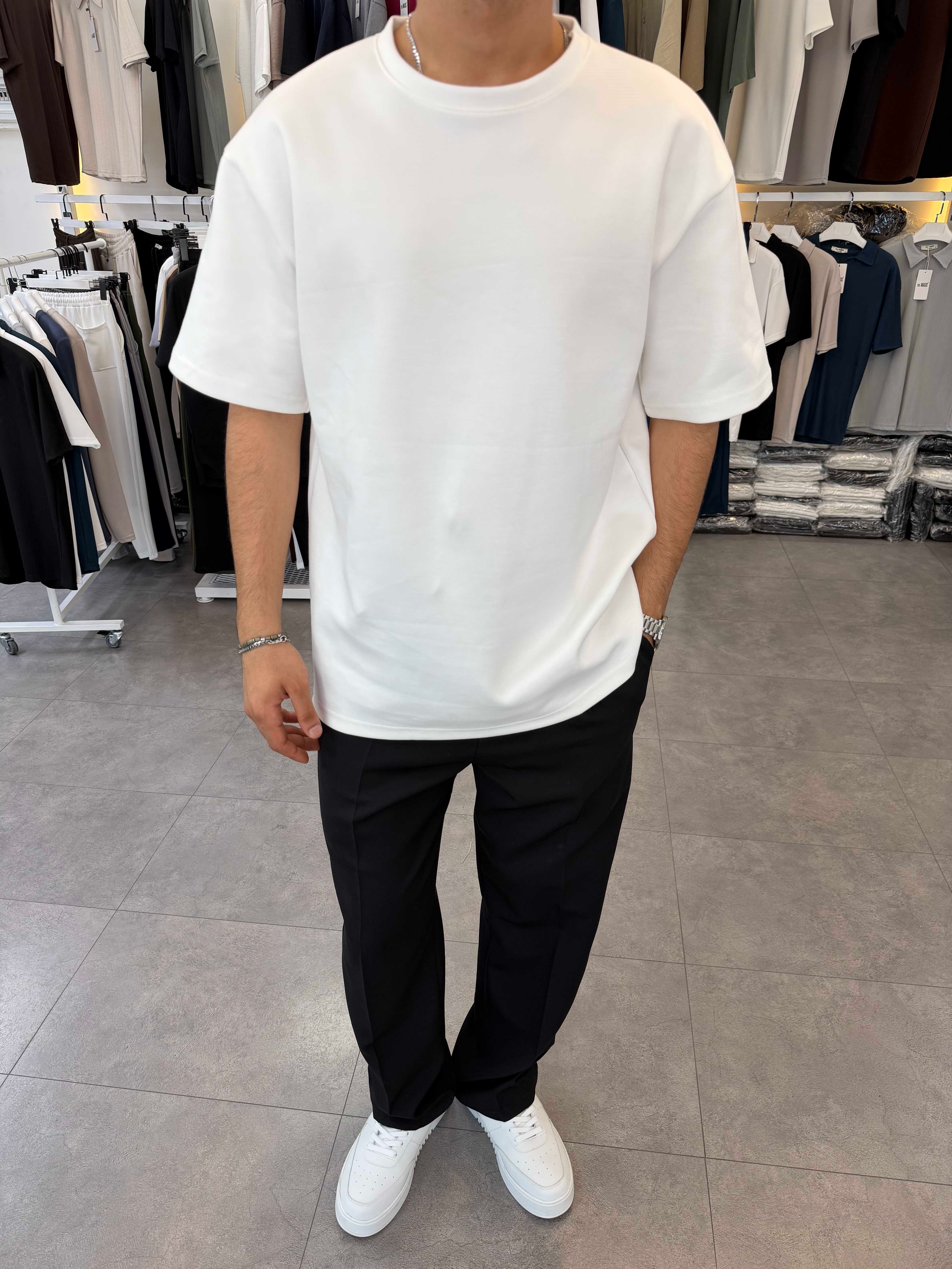 Oversize Duble Örme Tişört Beyaz