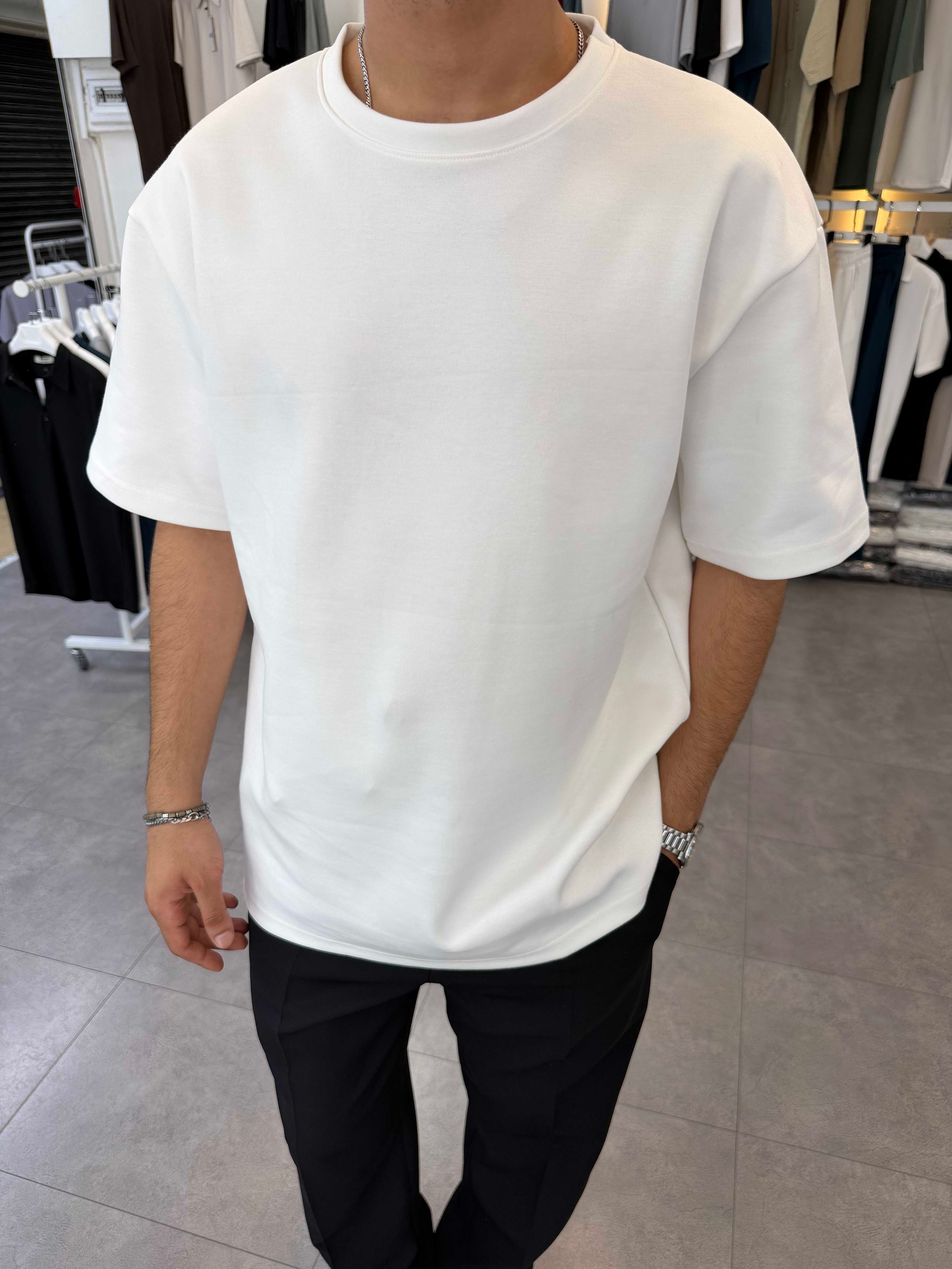 Oversize Duble Örme Tişört Beyaz
