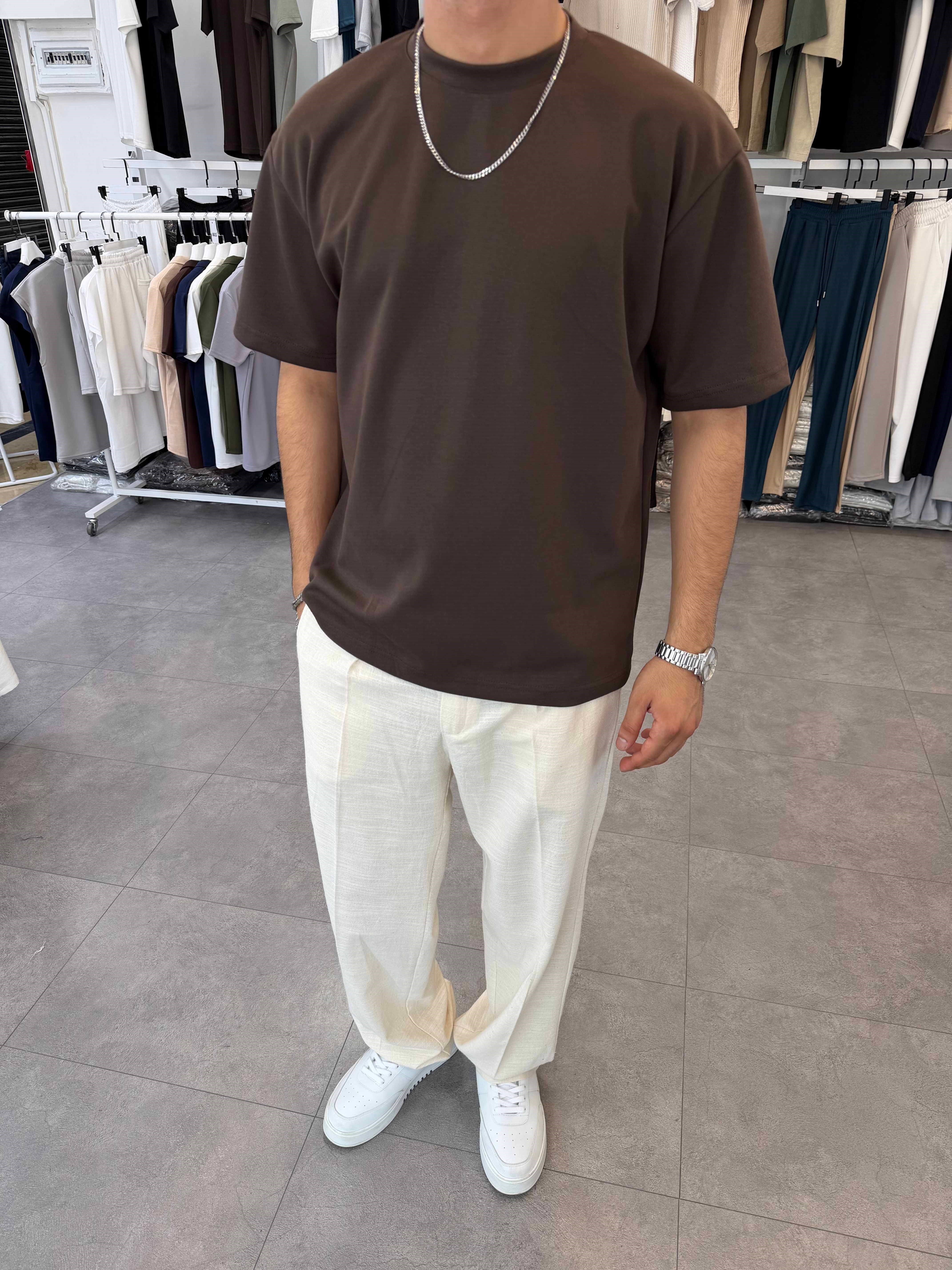 Oversize Duble Örme Tişört Kahve
