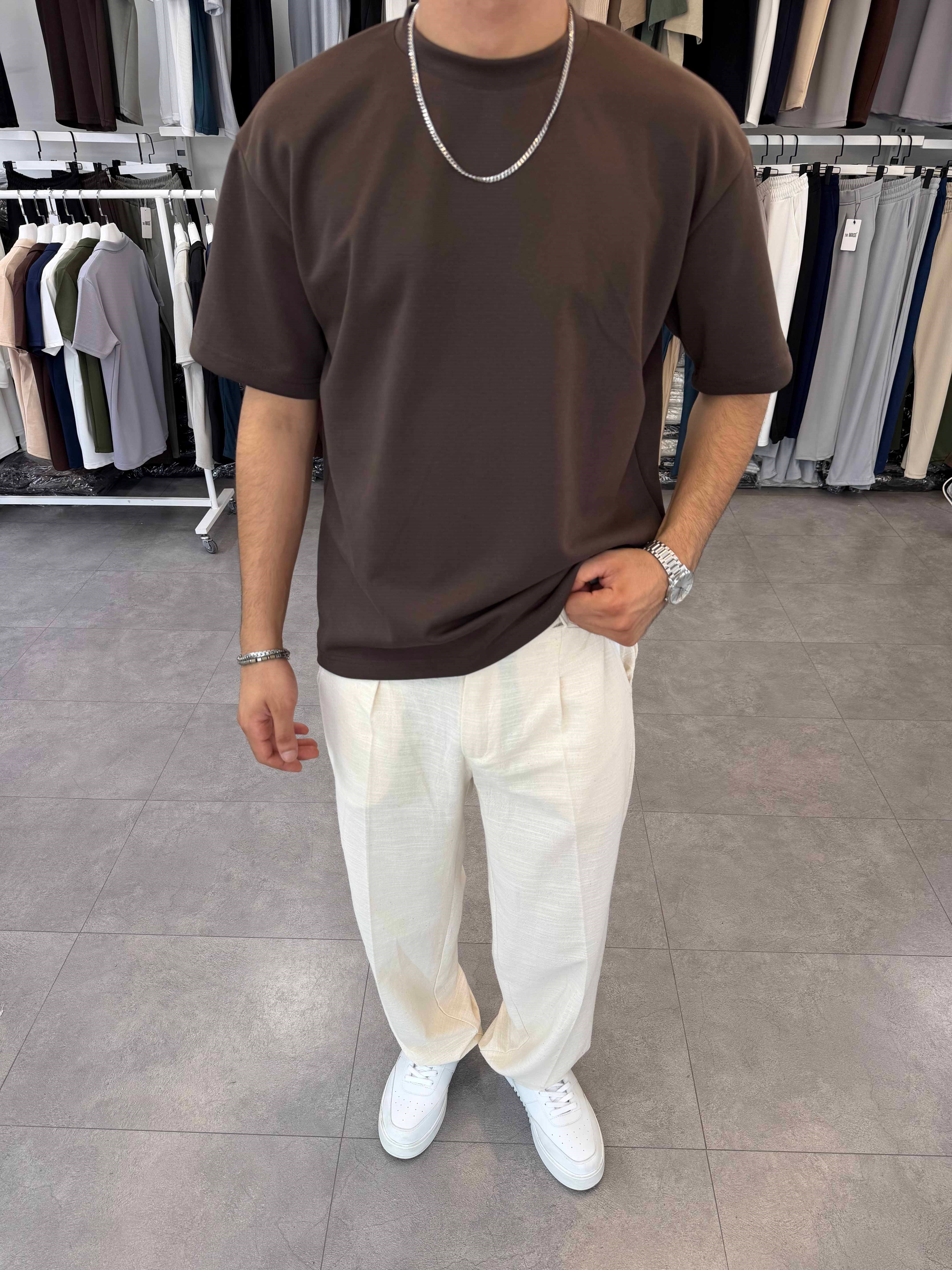 Oversize Duble Örme Tişört Kahve