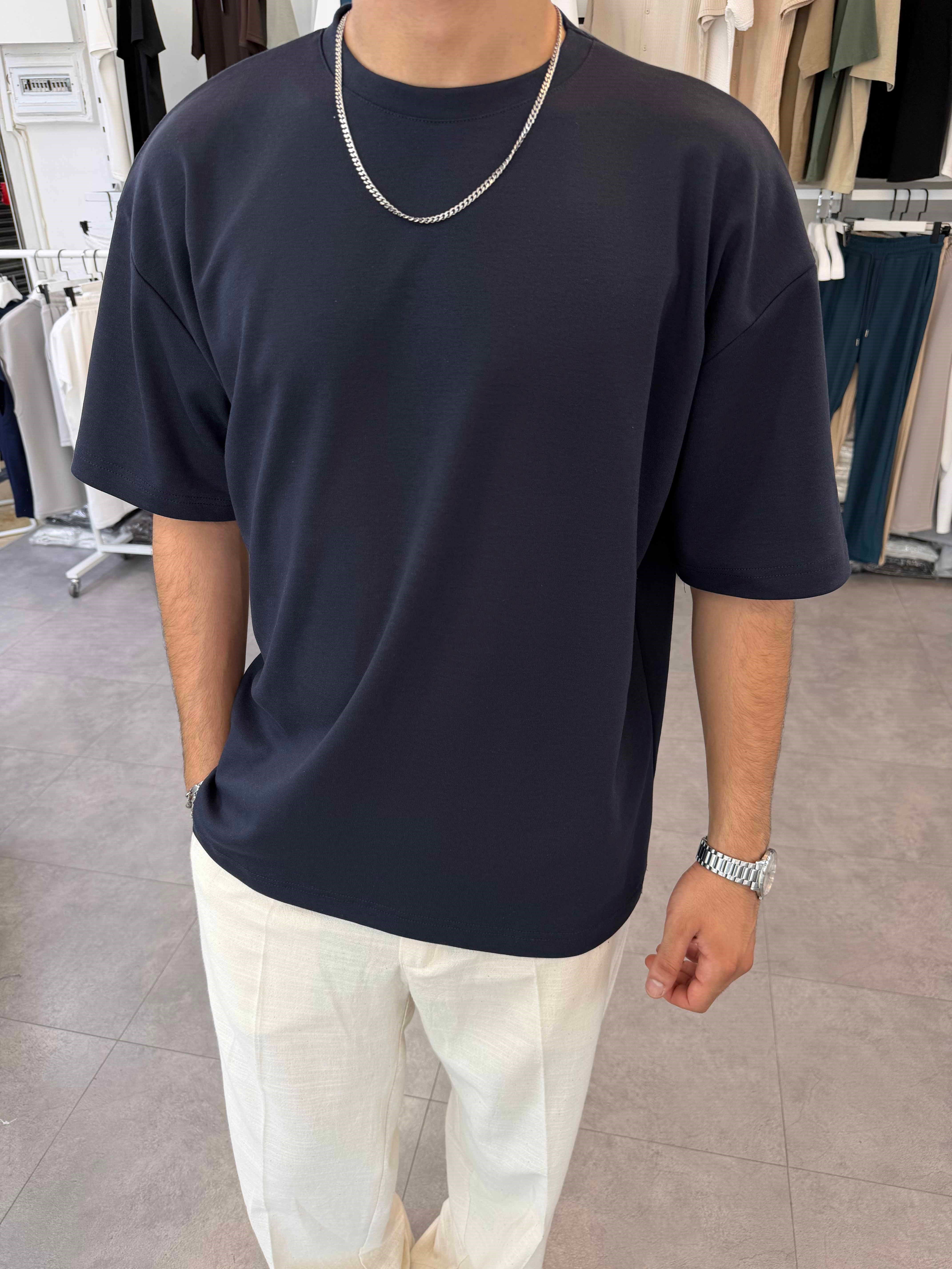 Oversize Duble Örme Tişört Lacivert