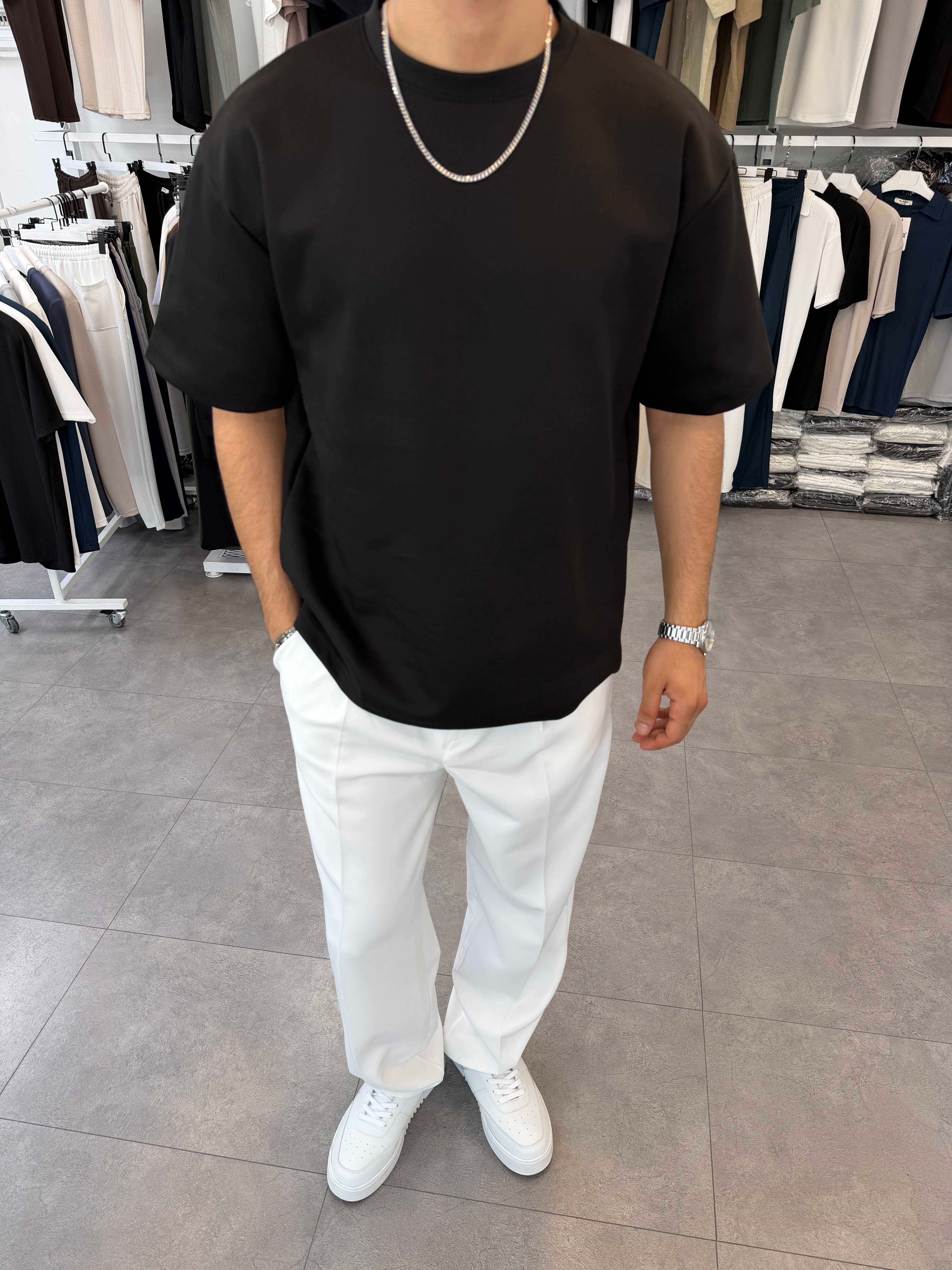 Oversize Duble Örme Tişört Siyah
