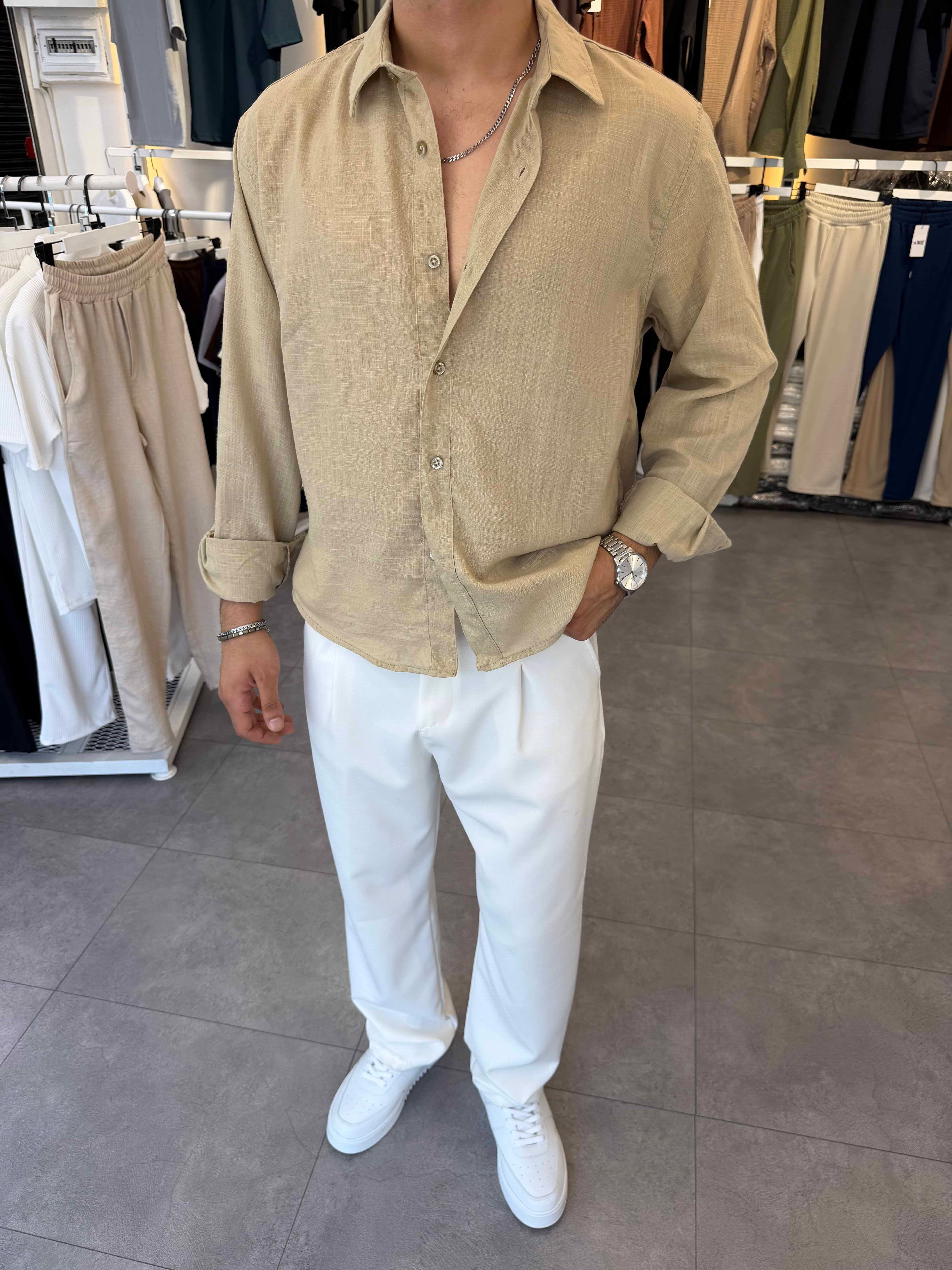 Oversize Flamlı Keten Gömlek Bej