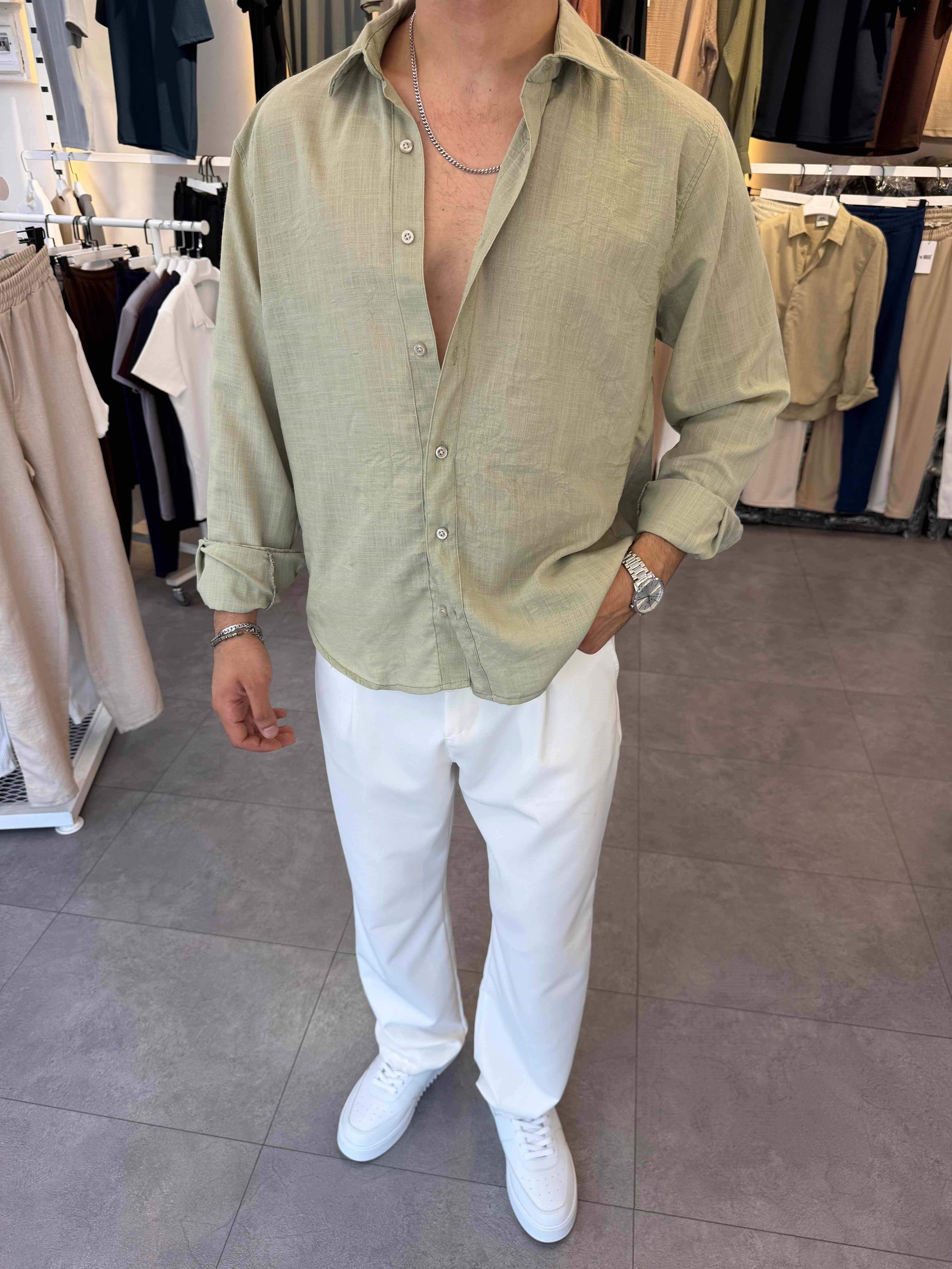 Oversize Flamlı Keten Gömlek Haki