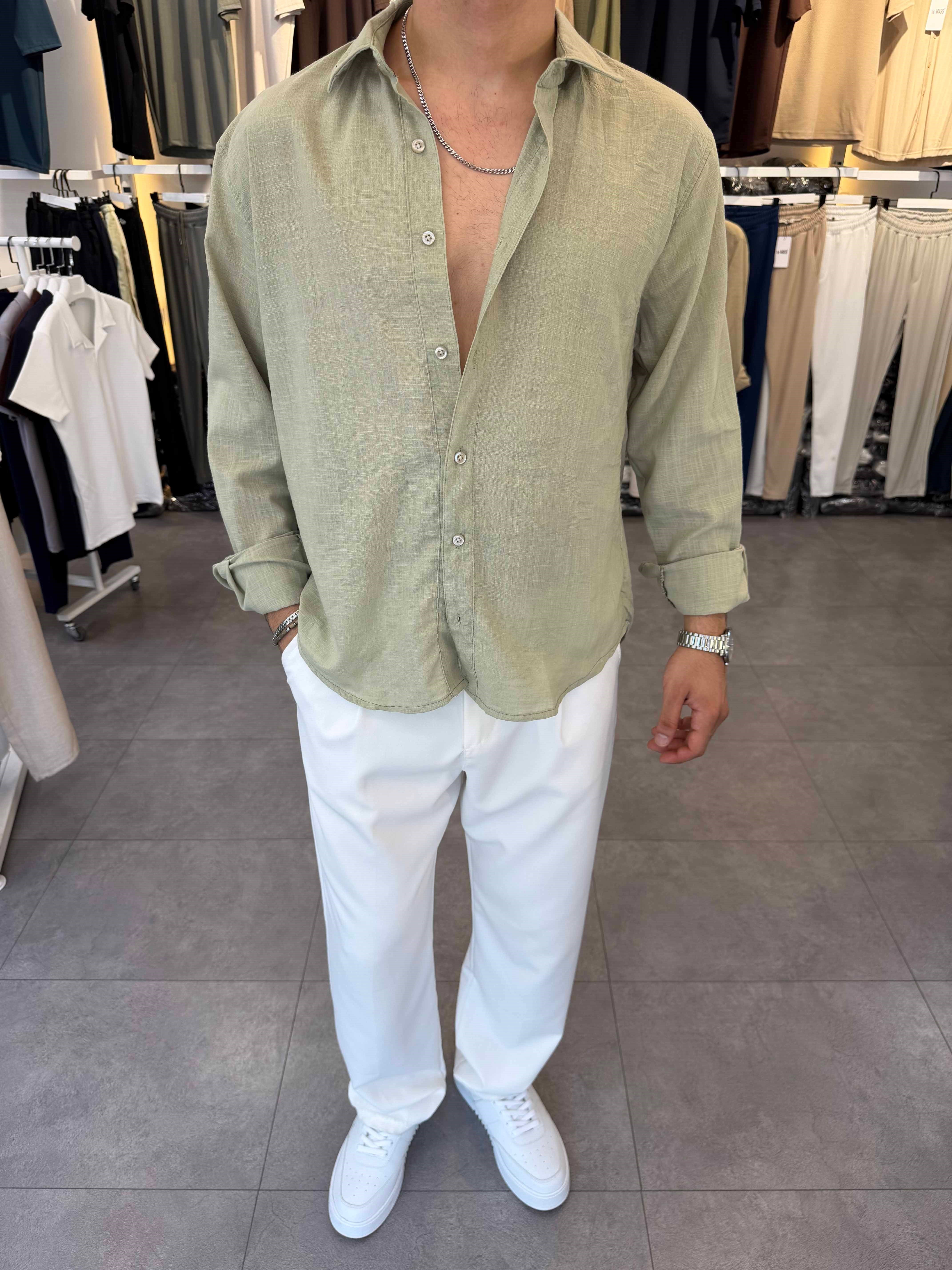 Oversize Flamlı Keten Gömlek Haki