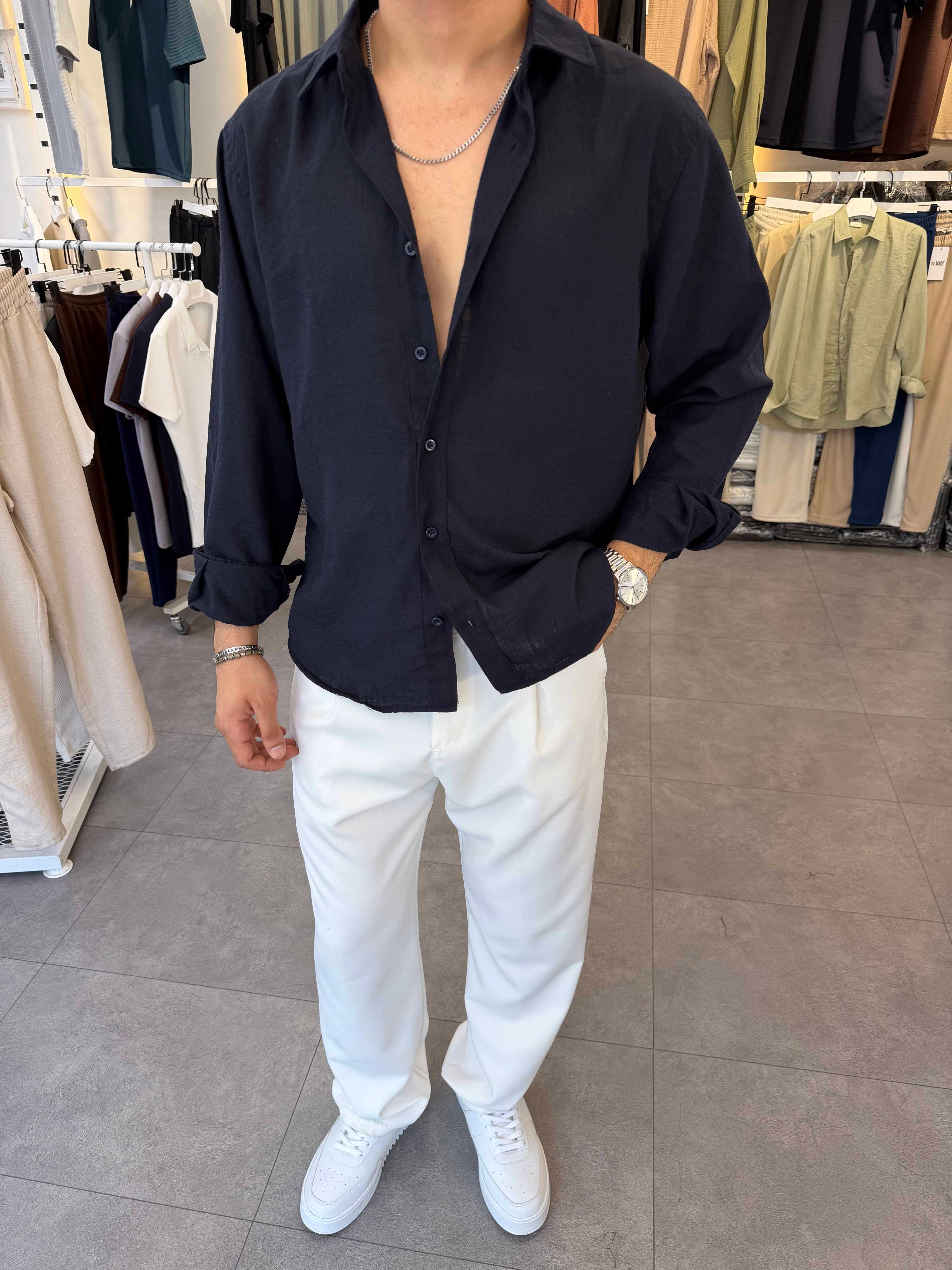 Oversize Flamlı Keten Gömlek Lacivert