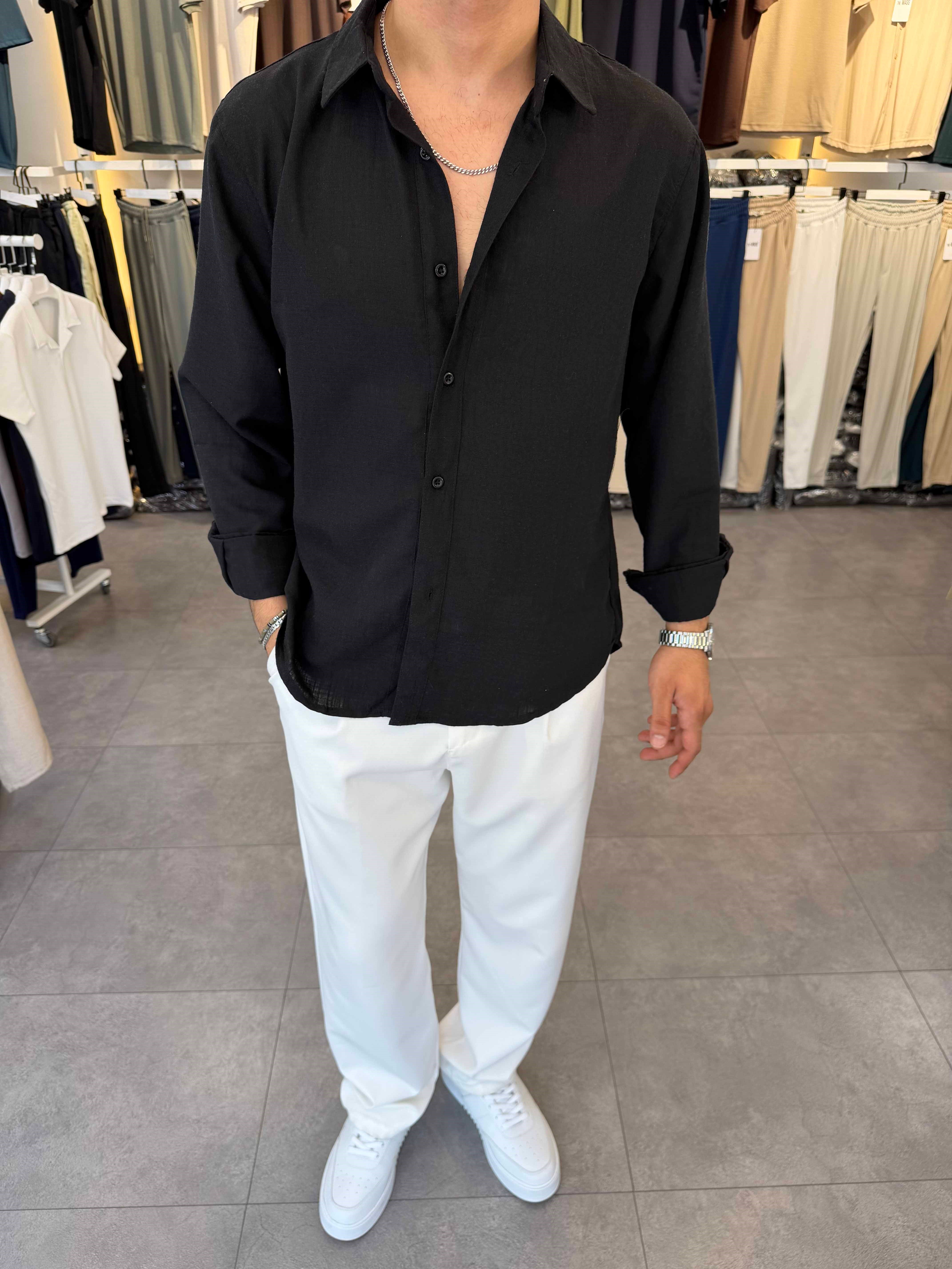 Oversize Flamlı Keten Gömlek Siyah