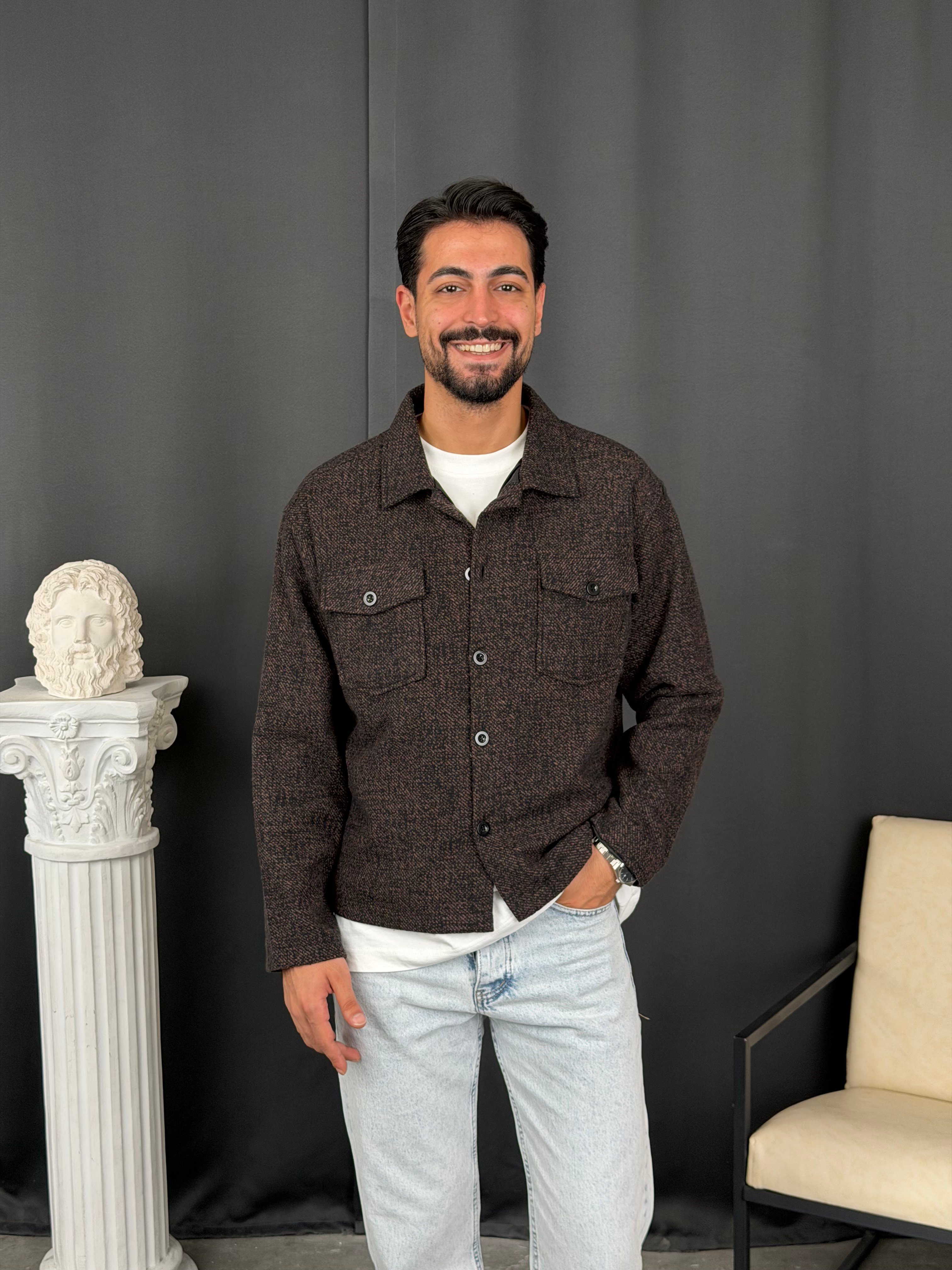 Oversize Kalıp Jakar Kumaş Astarlı Ceket Kahve