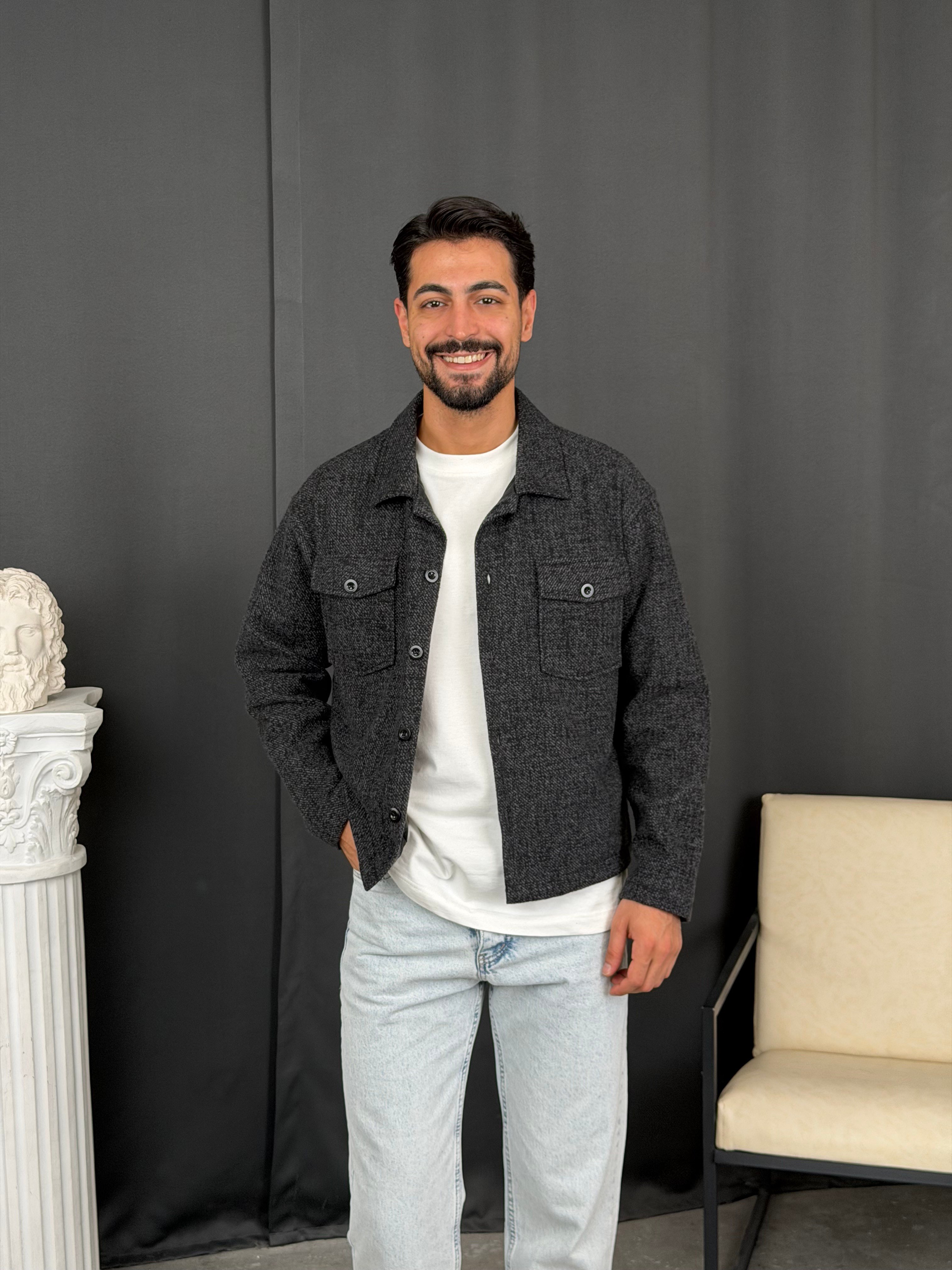 Oversize Kalıp Jakar Kumaş Astarlı Ceket Siyah