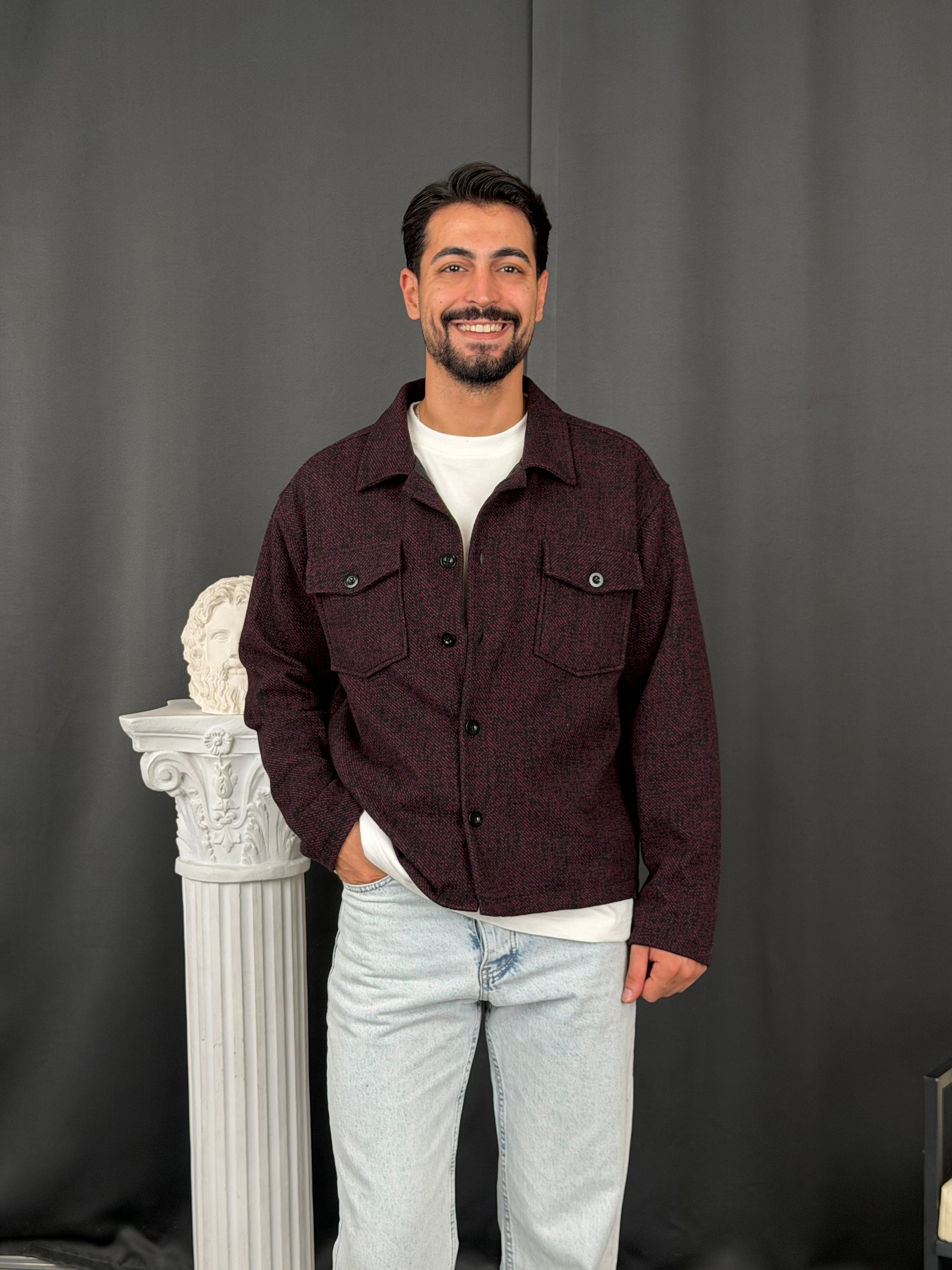 Oversize Kalıp Jakar Kumaş Astarlı Ceket Bordo
