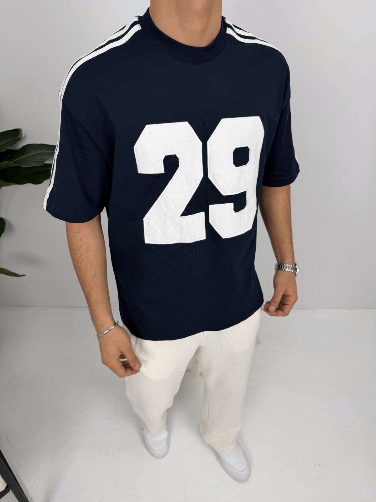 Oversize Kalıp Şerit Detaylı Tişört Lacivert