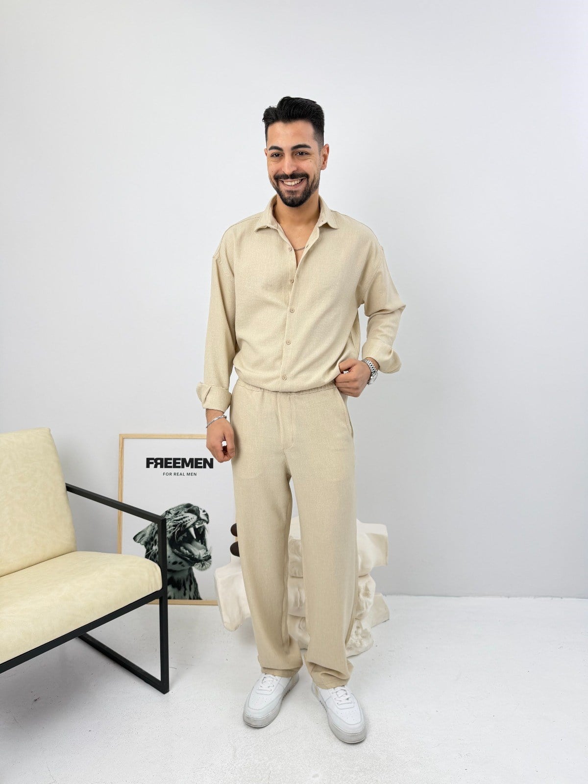 Oversize Sofia Keten Takım Bej