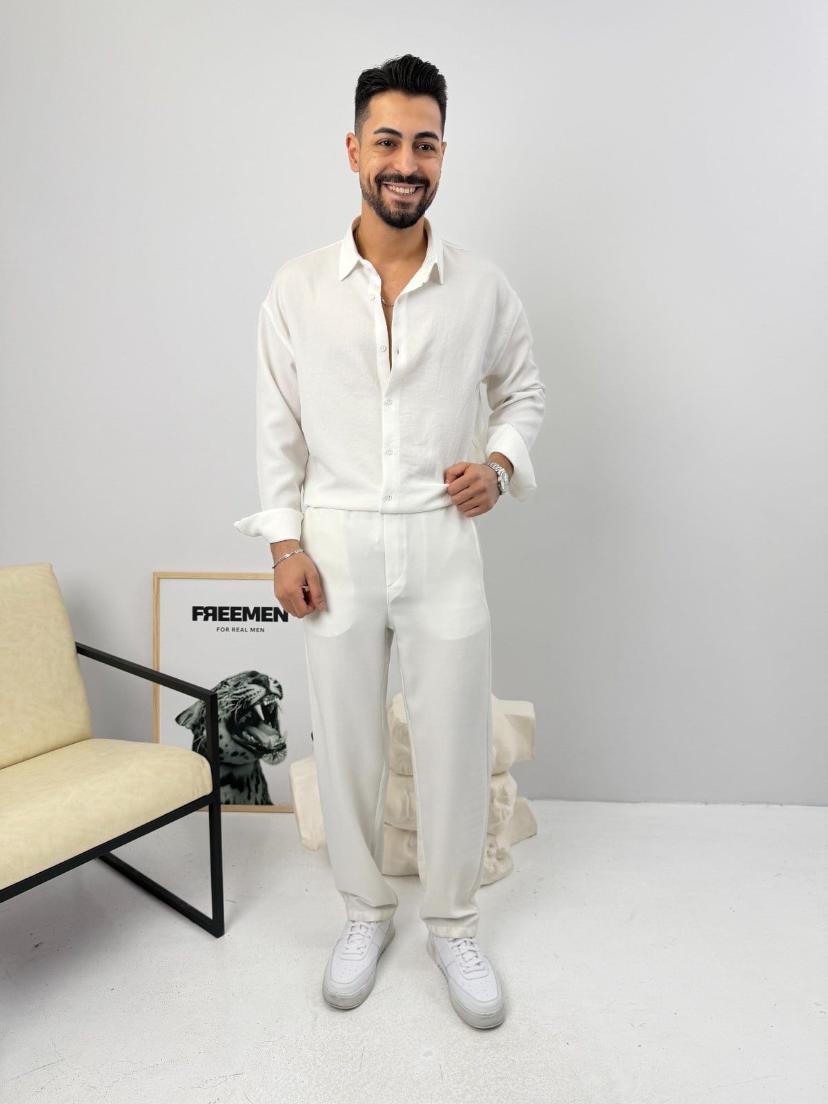 Oversize Sofia Keten Takım Beyaz