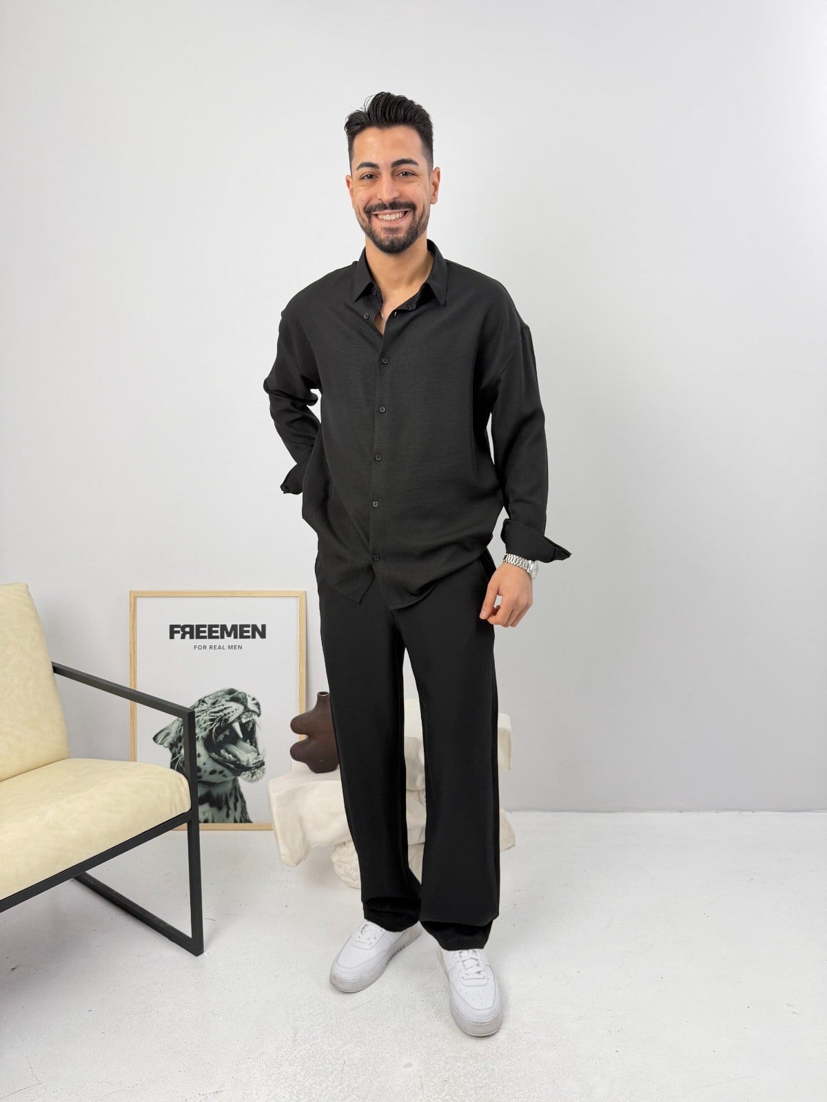 Oversize Sofia Keten Takım Siyah