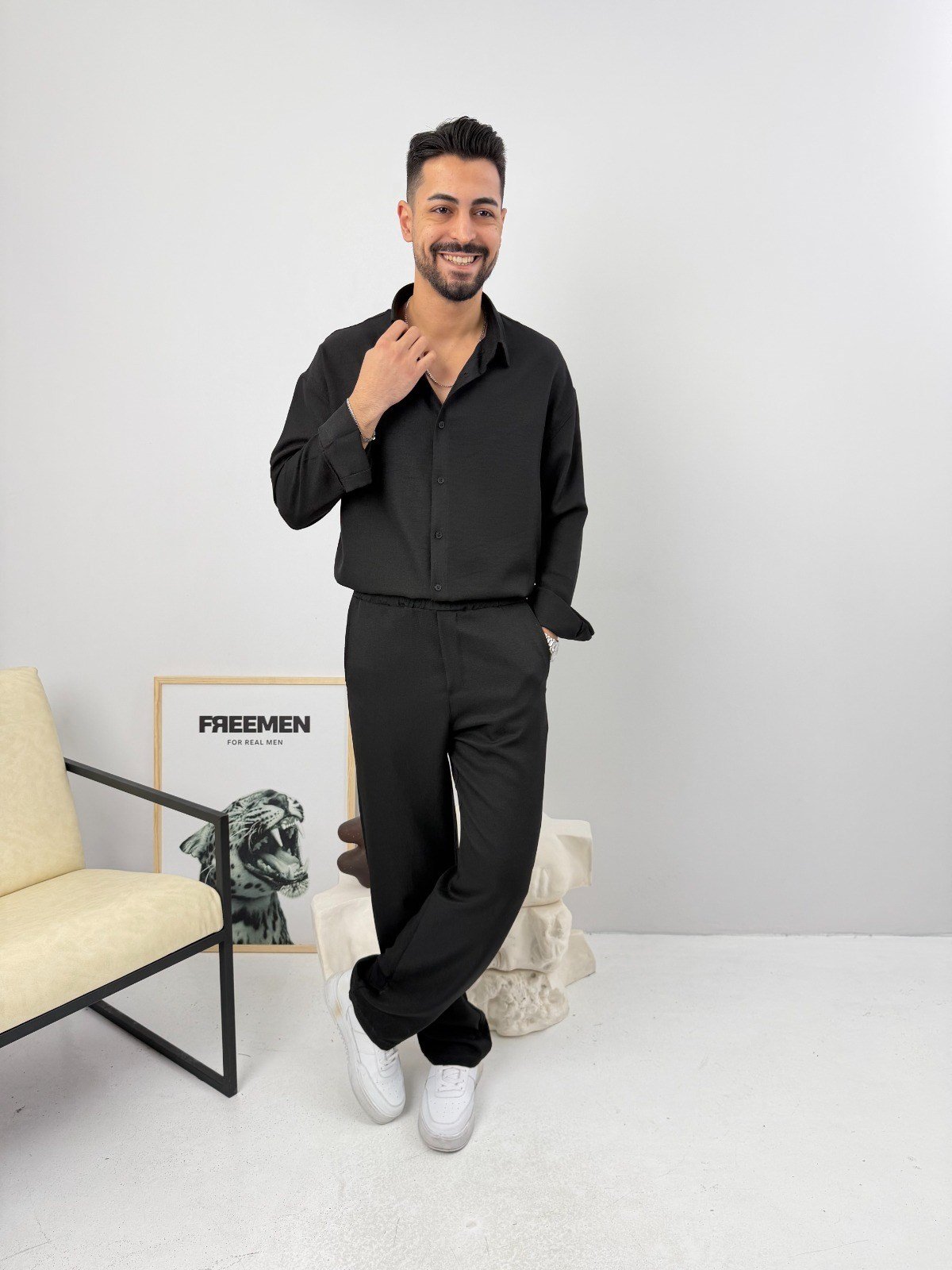 Oversize Sofia Keten Takım Siyah