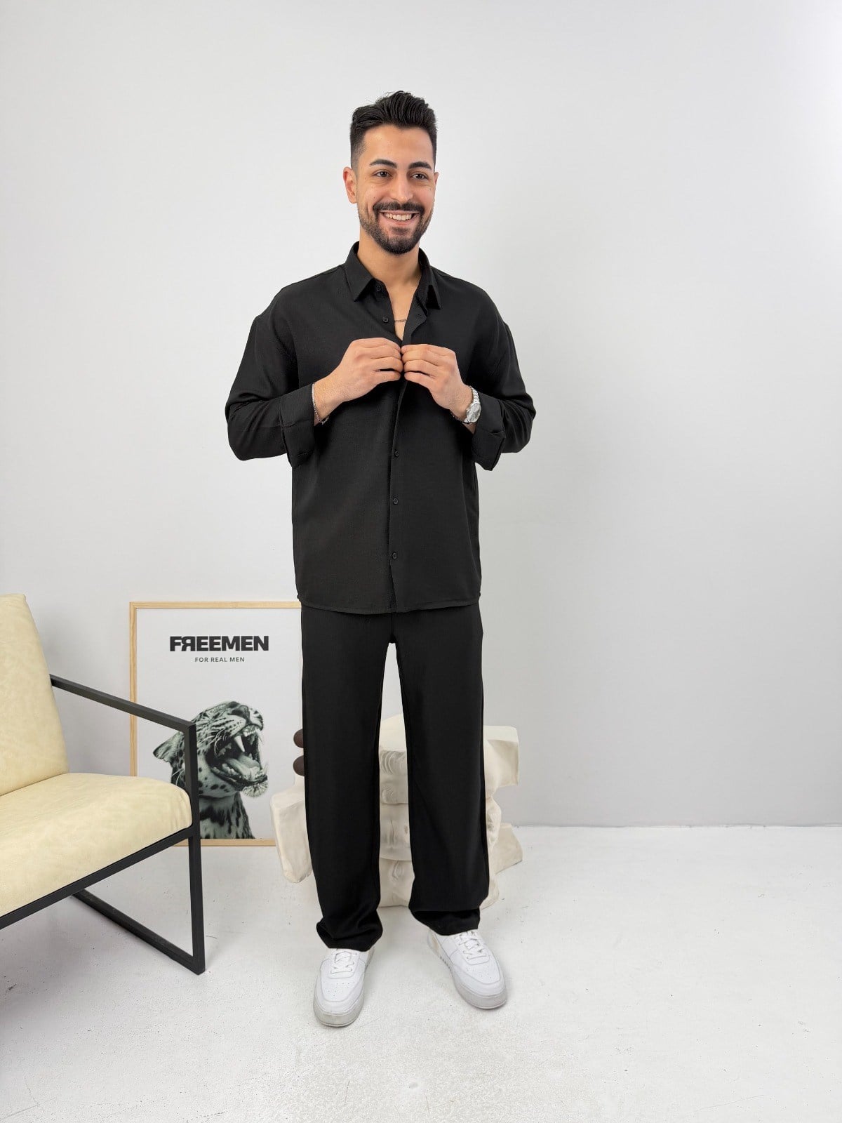 Oversize Sofia Keten Takım Siyah