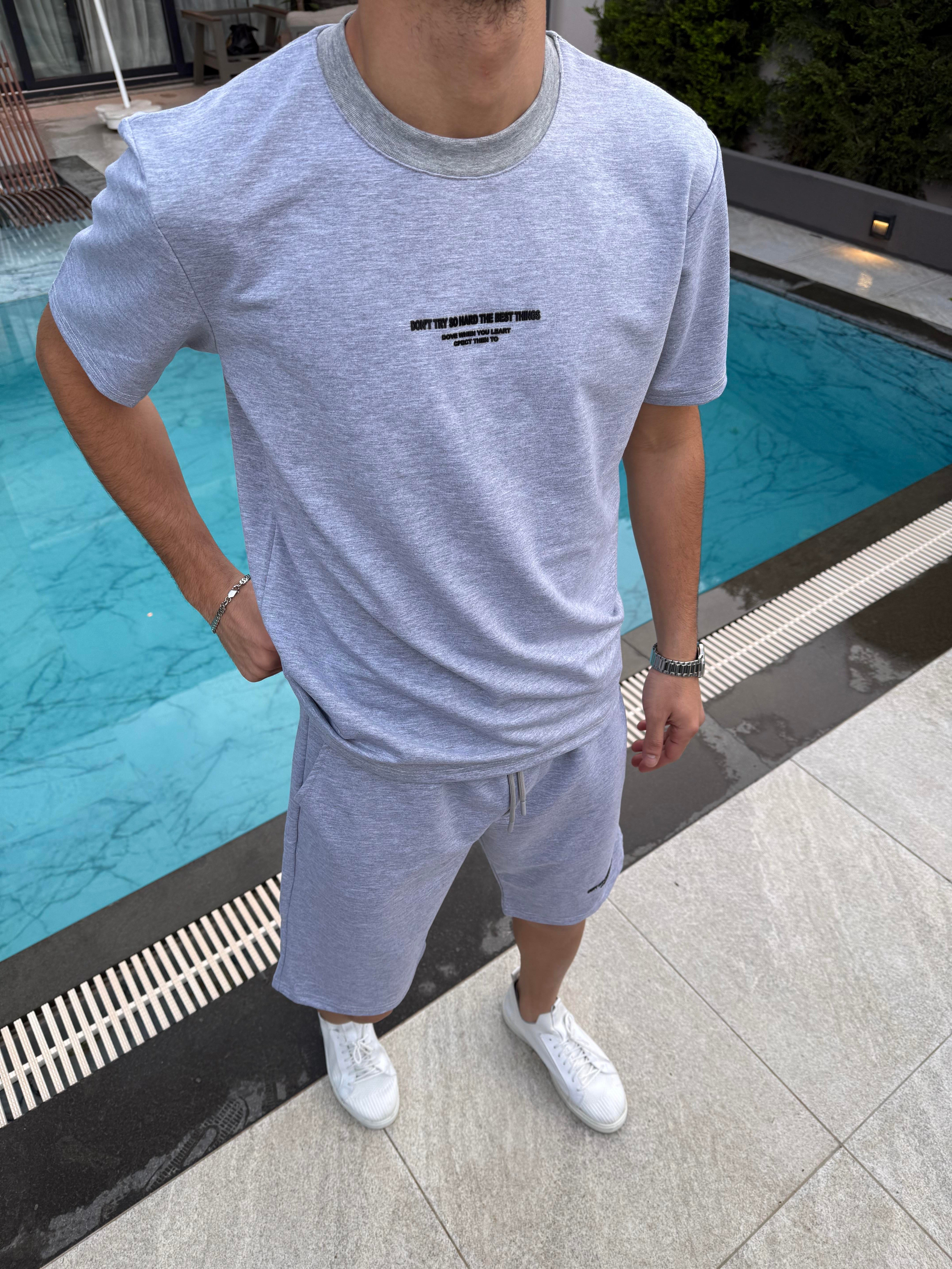 Pamuklu Enjeksiyon Baskılı Şort Takımı Gri