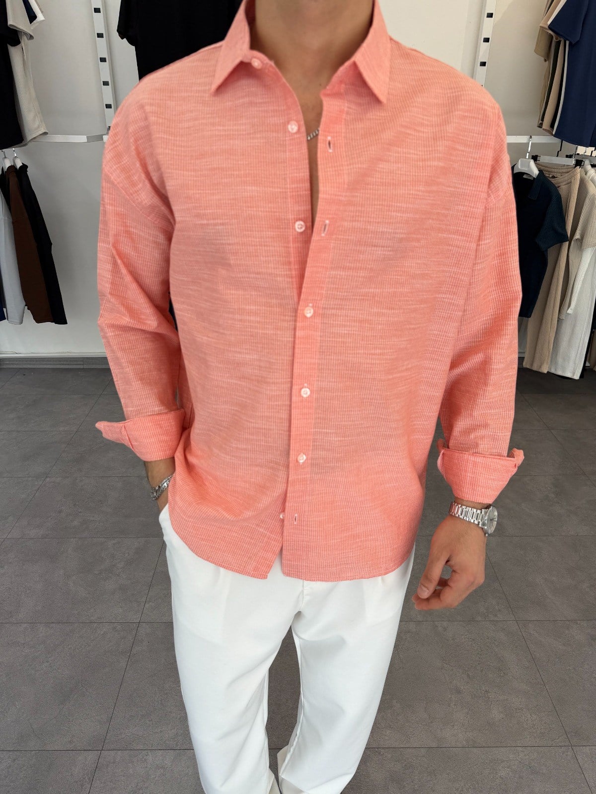 Pamuklu Oversize İkonik Gömlek Nar Çiçeği