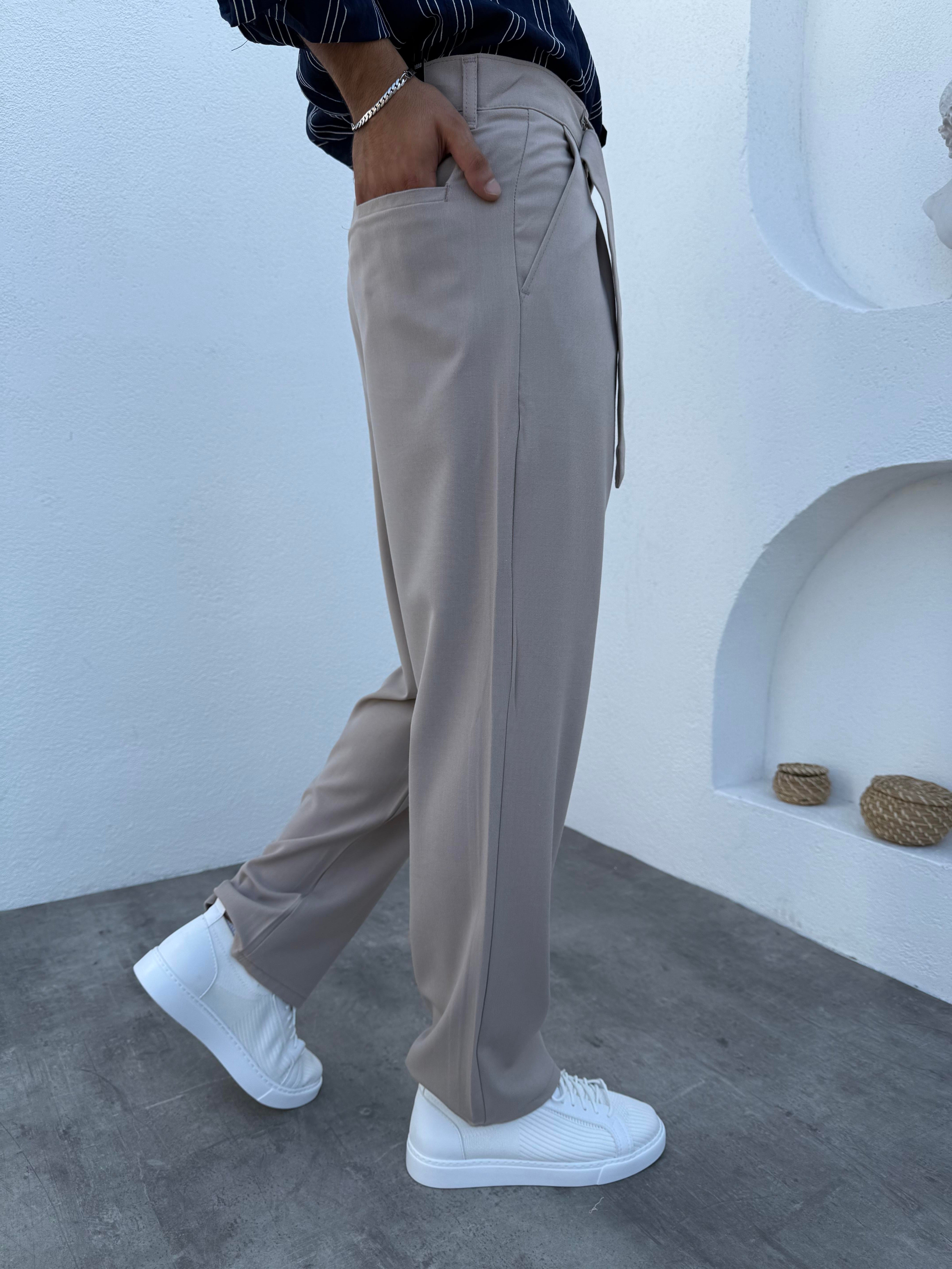 Pile Detaylı Kemerli Baggy Kumaş Pantolon Bej
