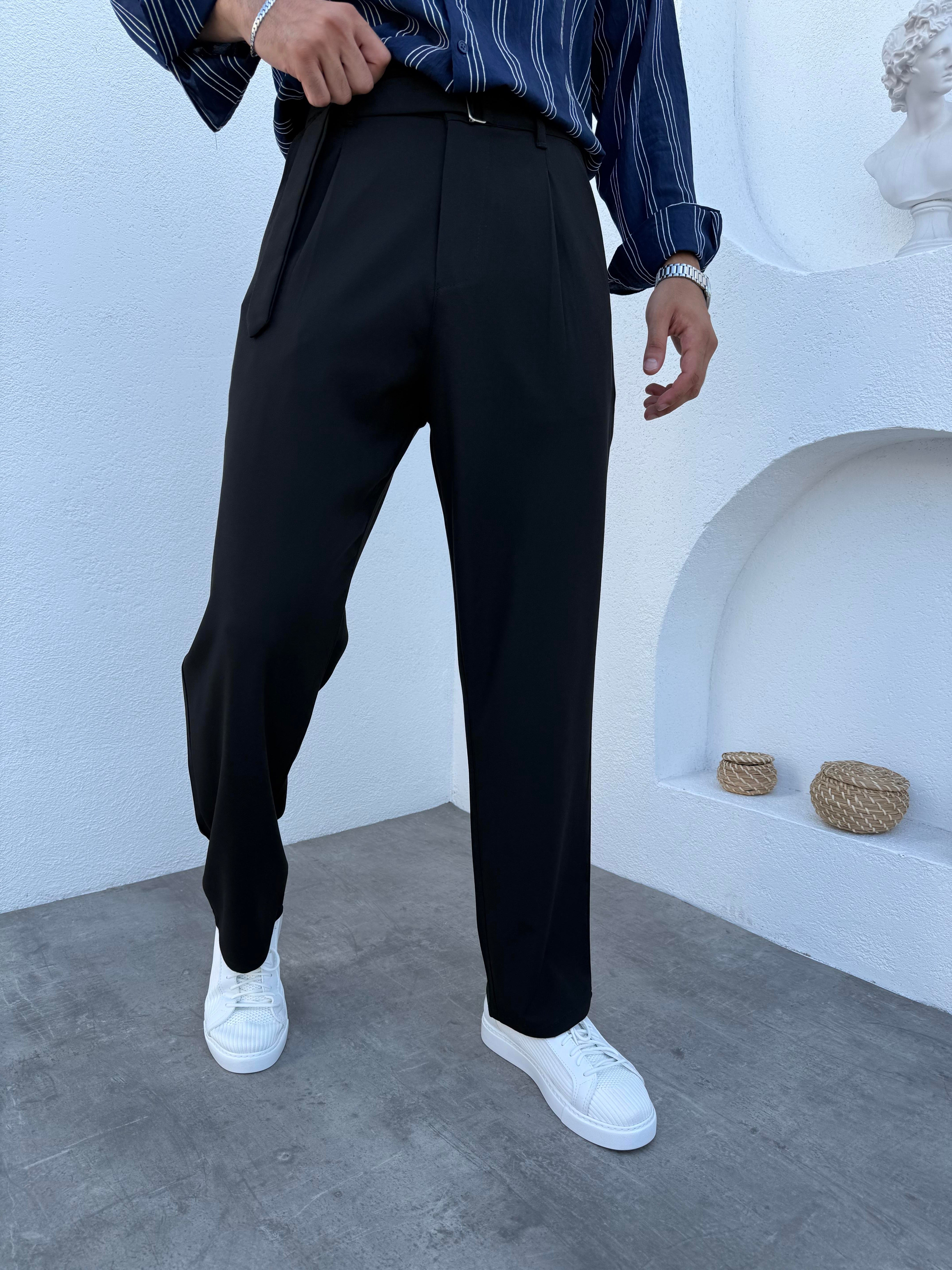 Pile Detaylı Kemerli Baggy Kumaş Pantolon Siyah