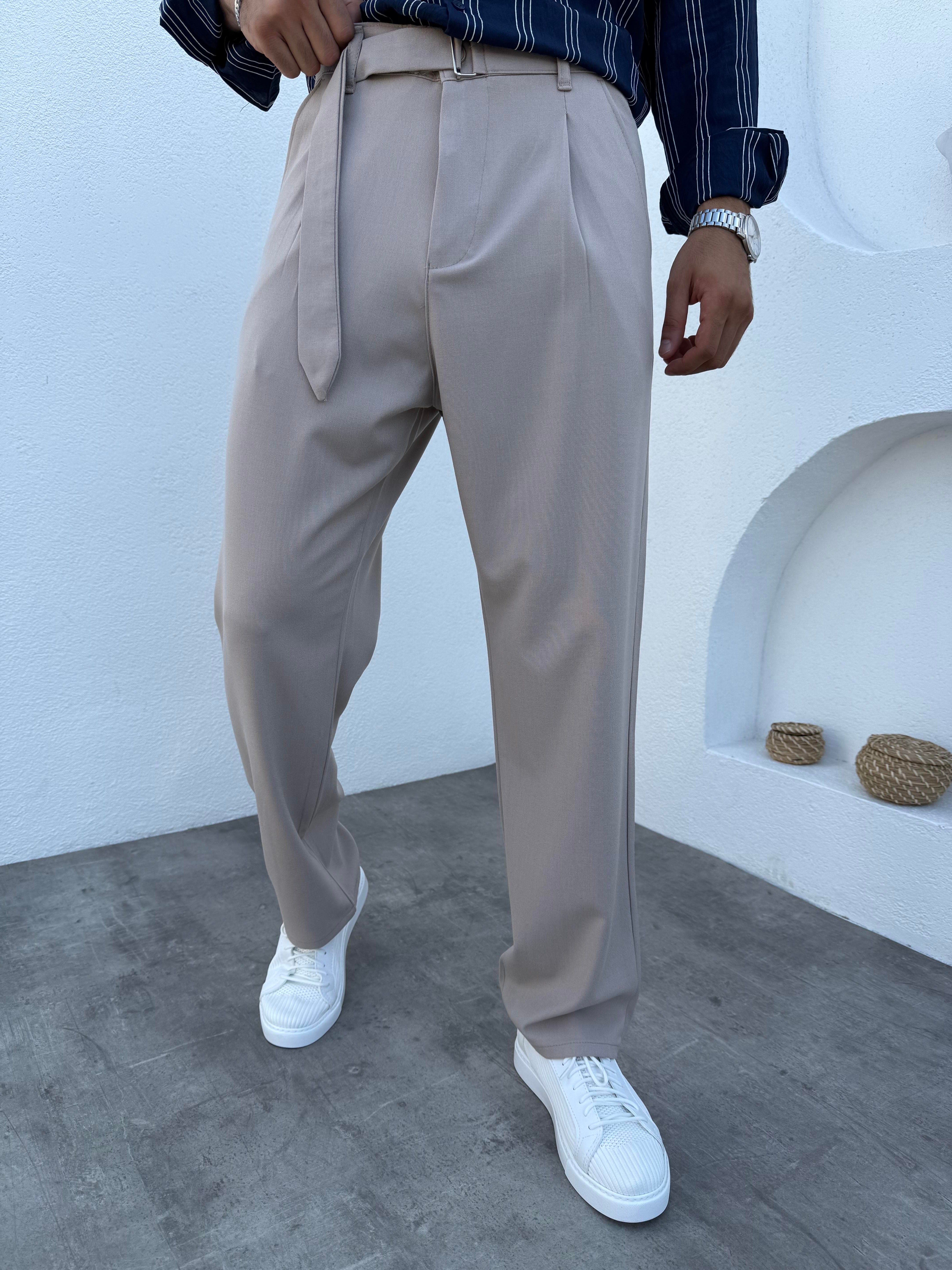 Pile Detaylı Kemerli Baggy Kumaş Pantolon Bej