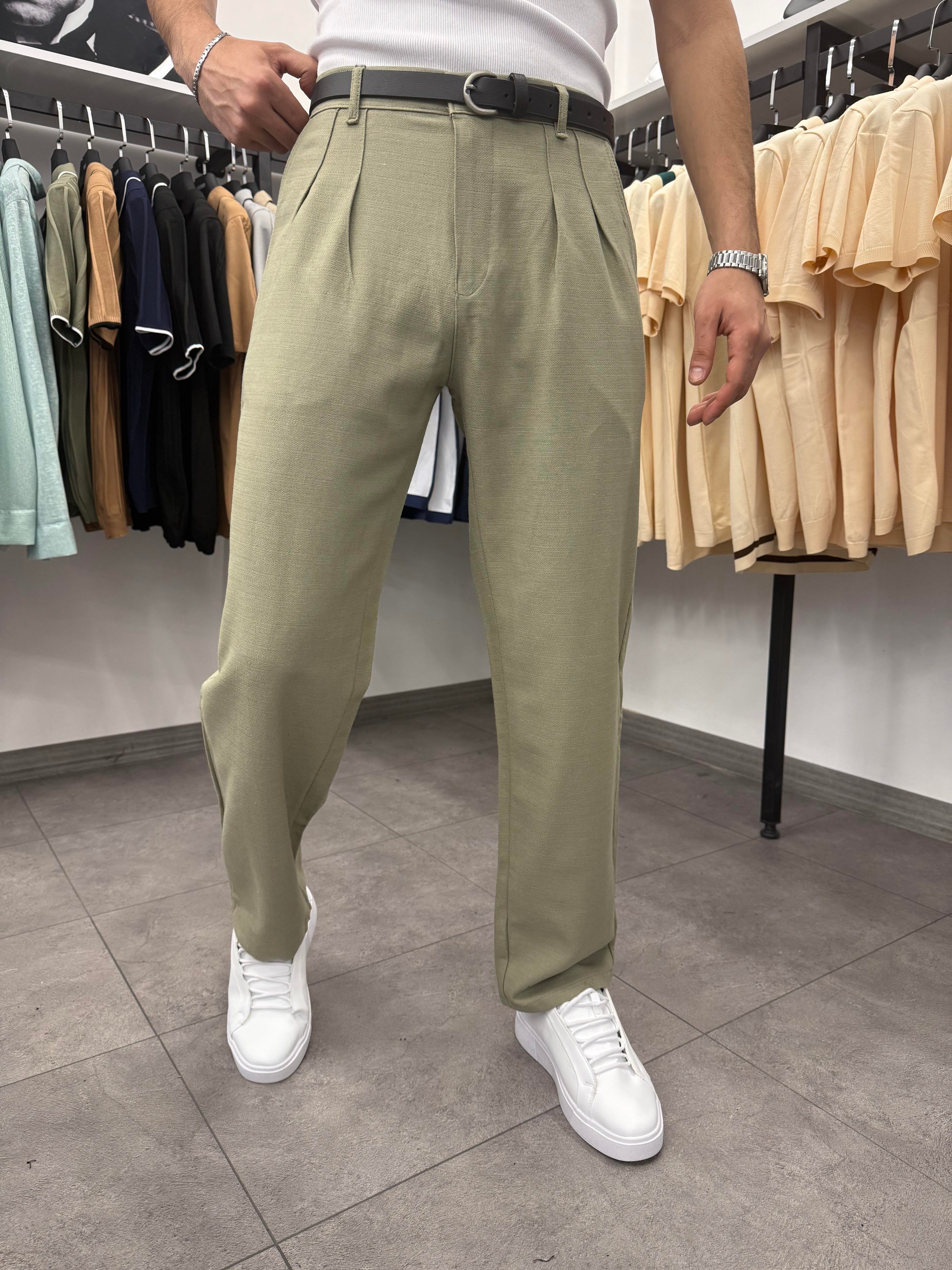 Pileli Baggy Keten Pantolon Yeşil