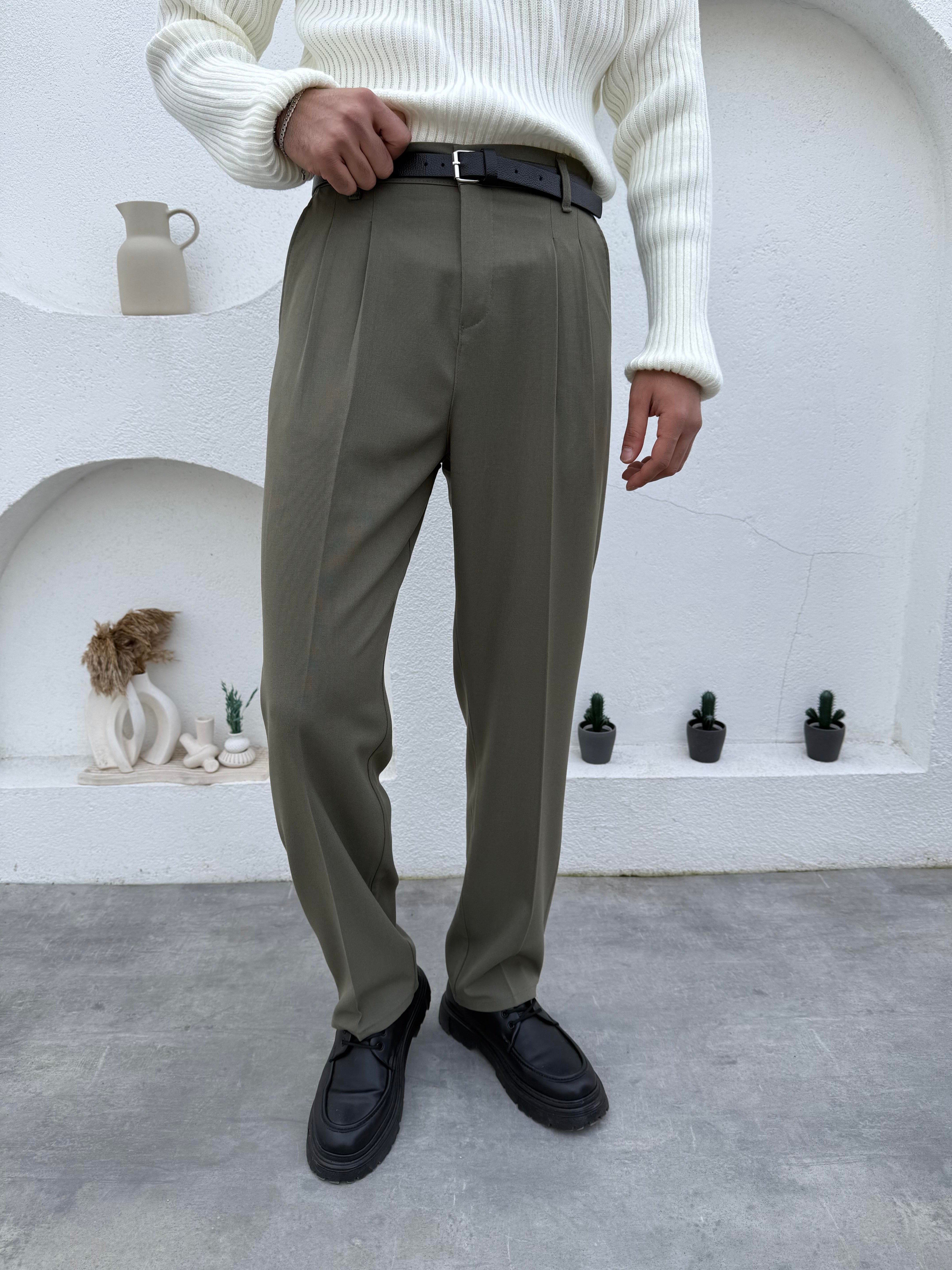 Pileli Baggy Kumaş Pantolon Yeşil