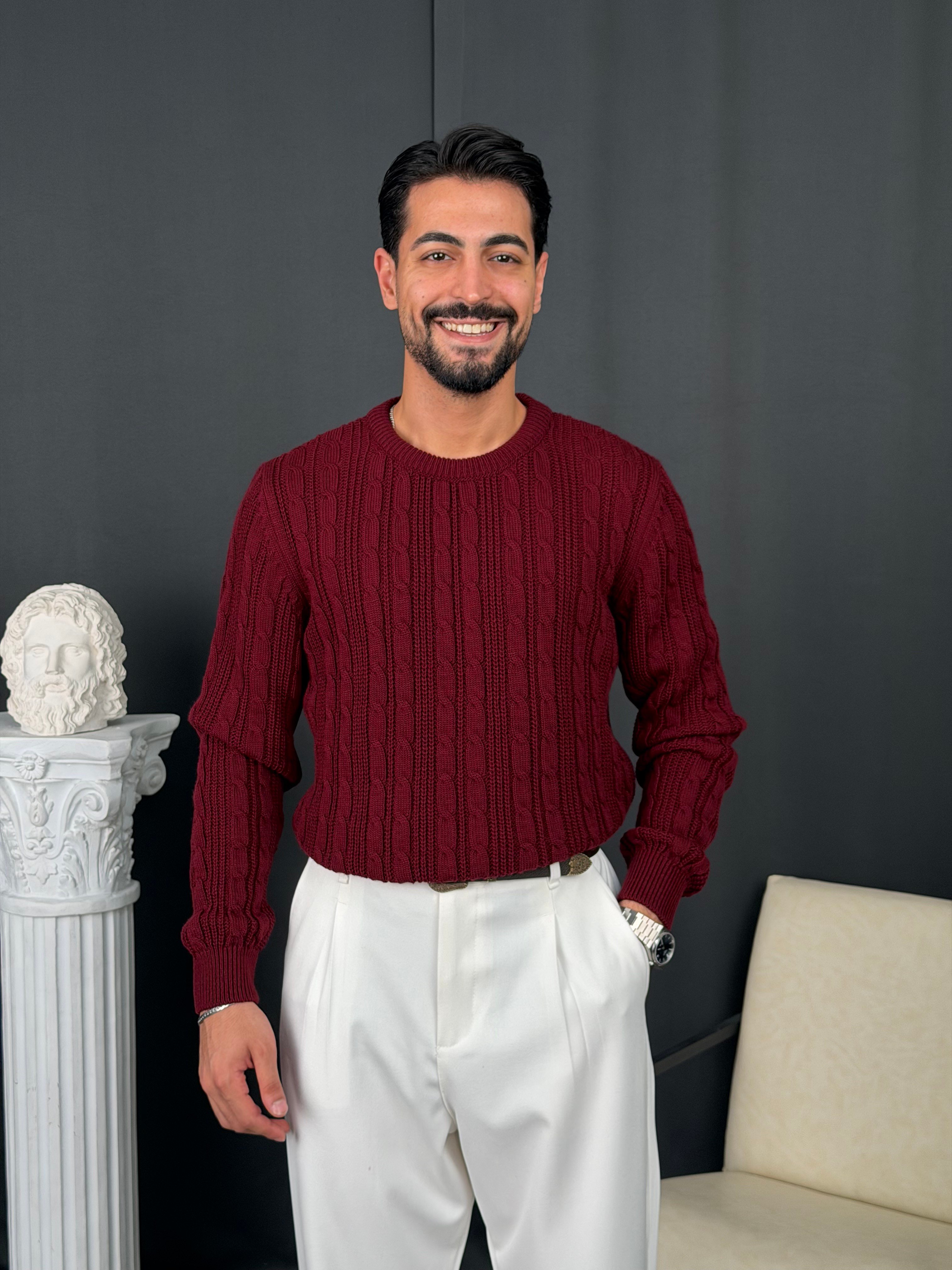 Saç Örgü Regular Triko Kazak Bordo
