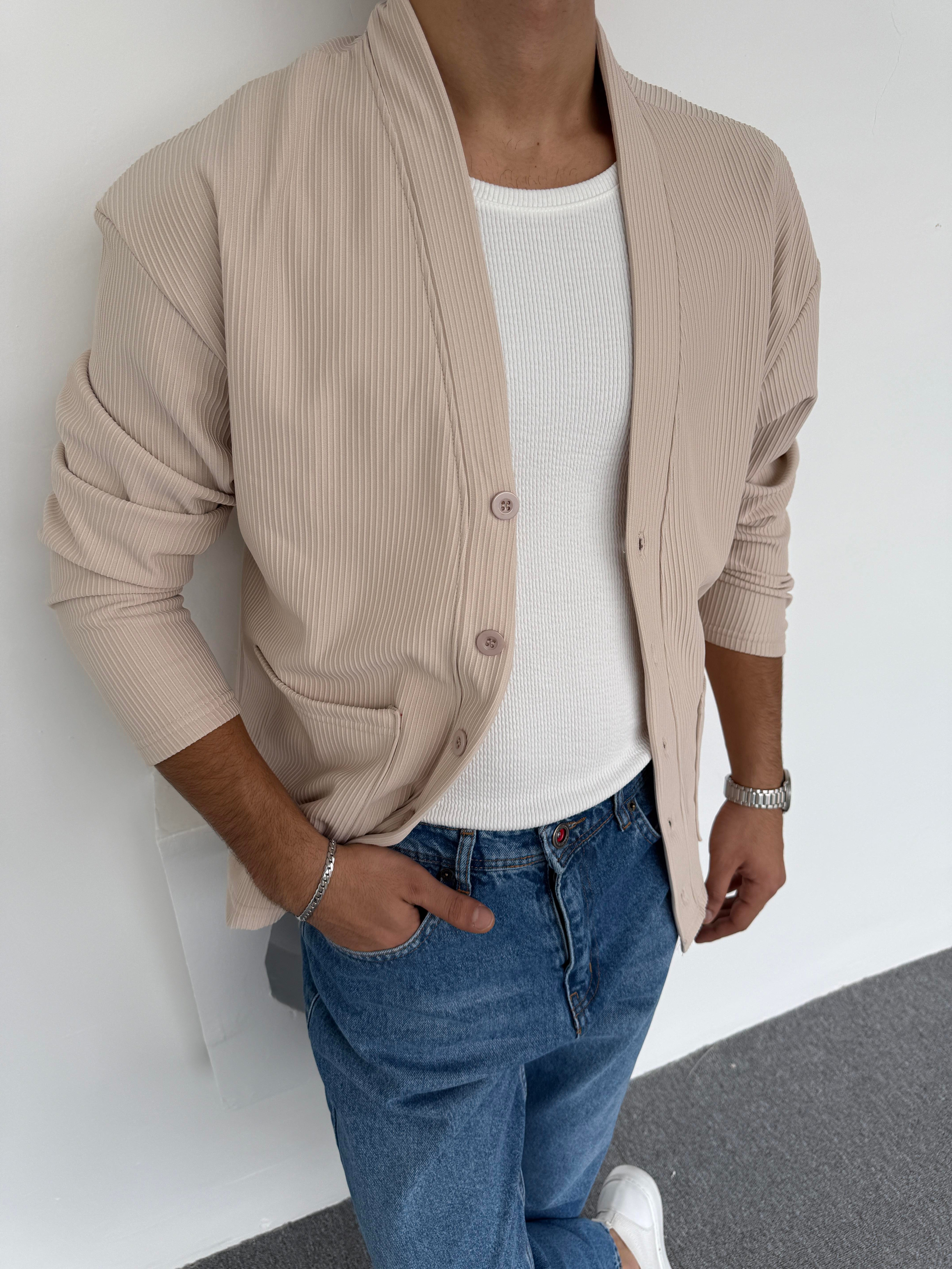 Şardonlu Ottoman Kumaş Oversize Hırka Bej