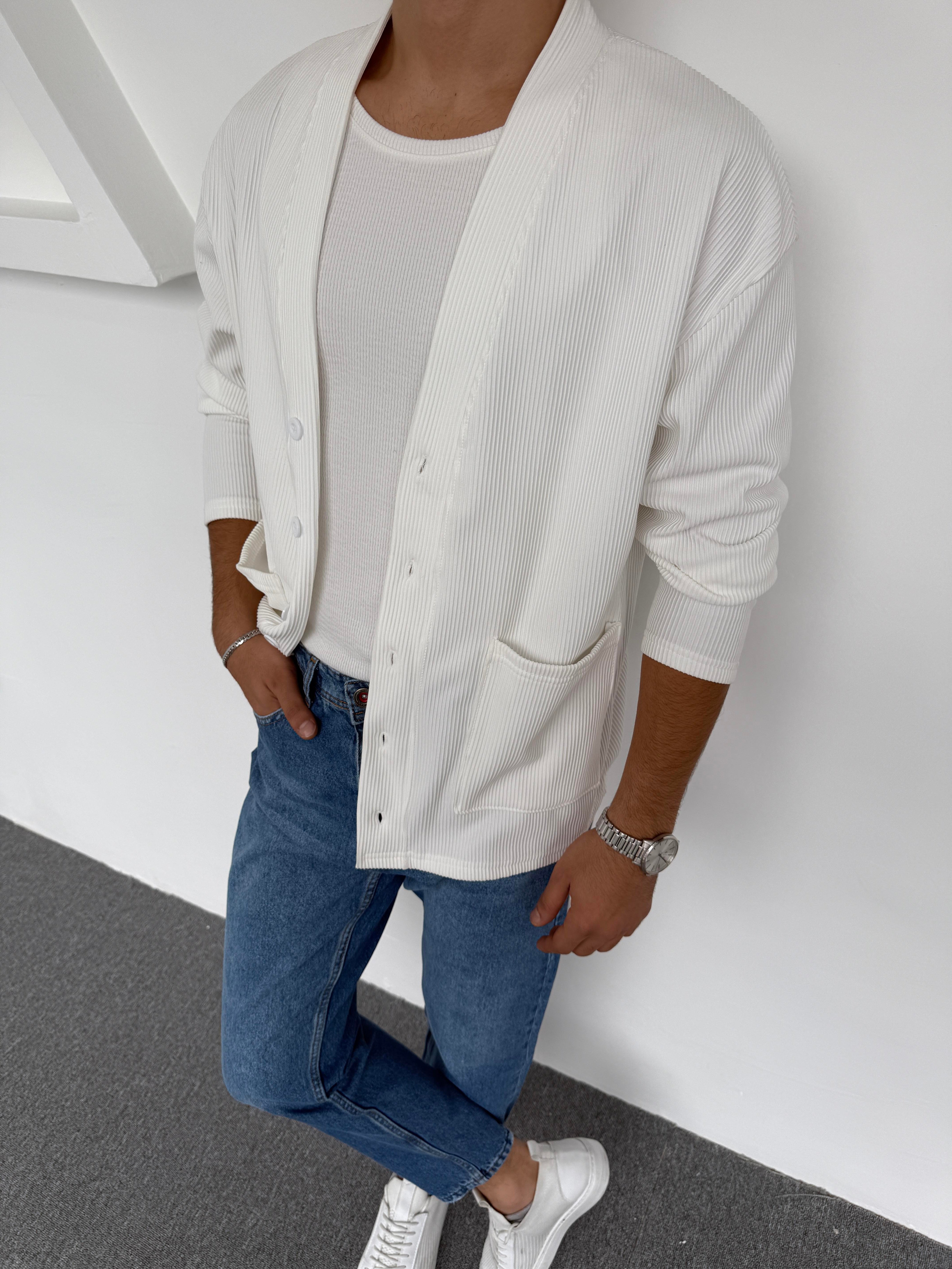 Şardonlu Ottoman Kumaş Oversize Hırka Beyaz