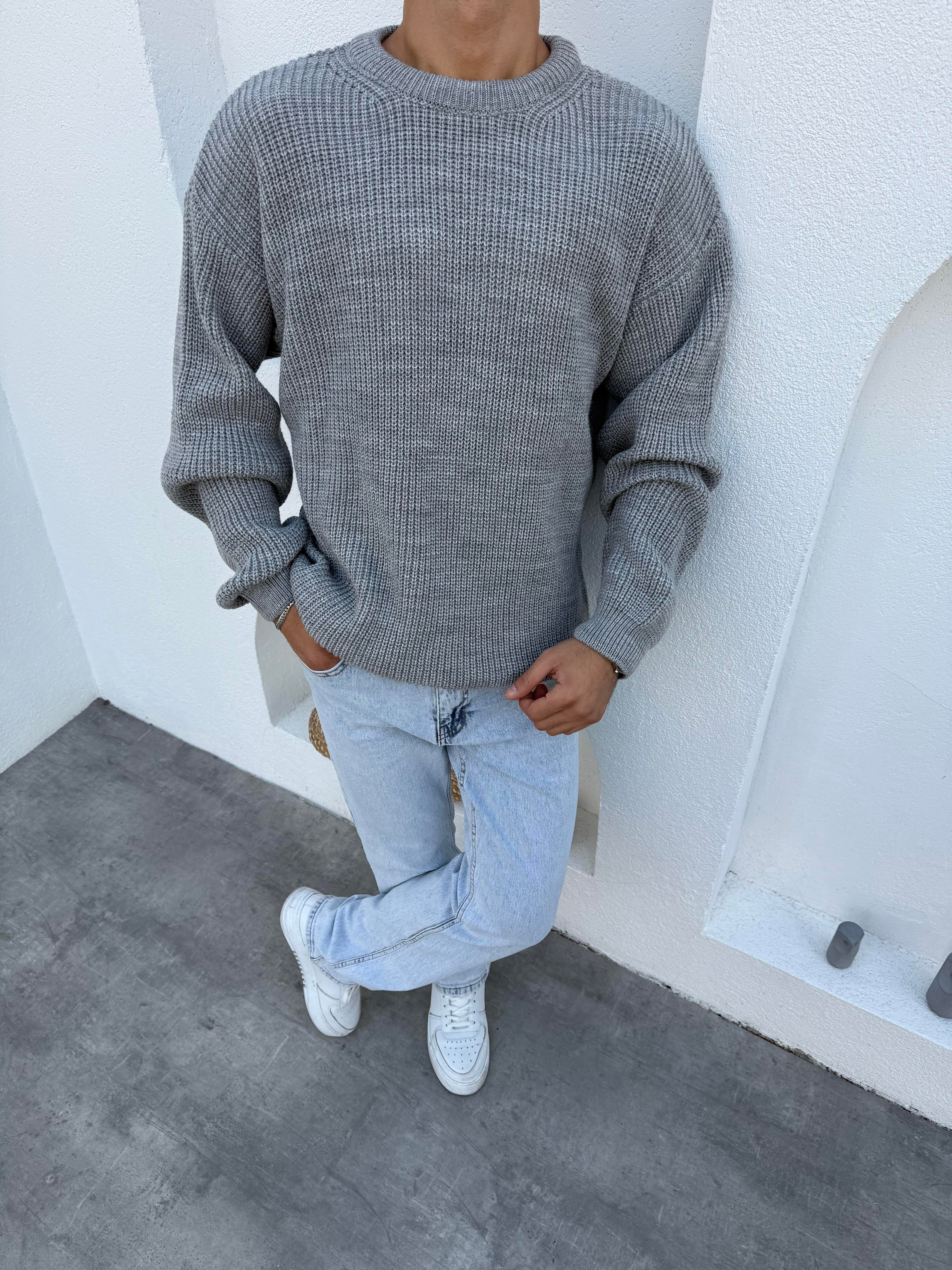 Selanik Pamuk Örme Bisiklet Yaka Triko Kazak Gri