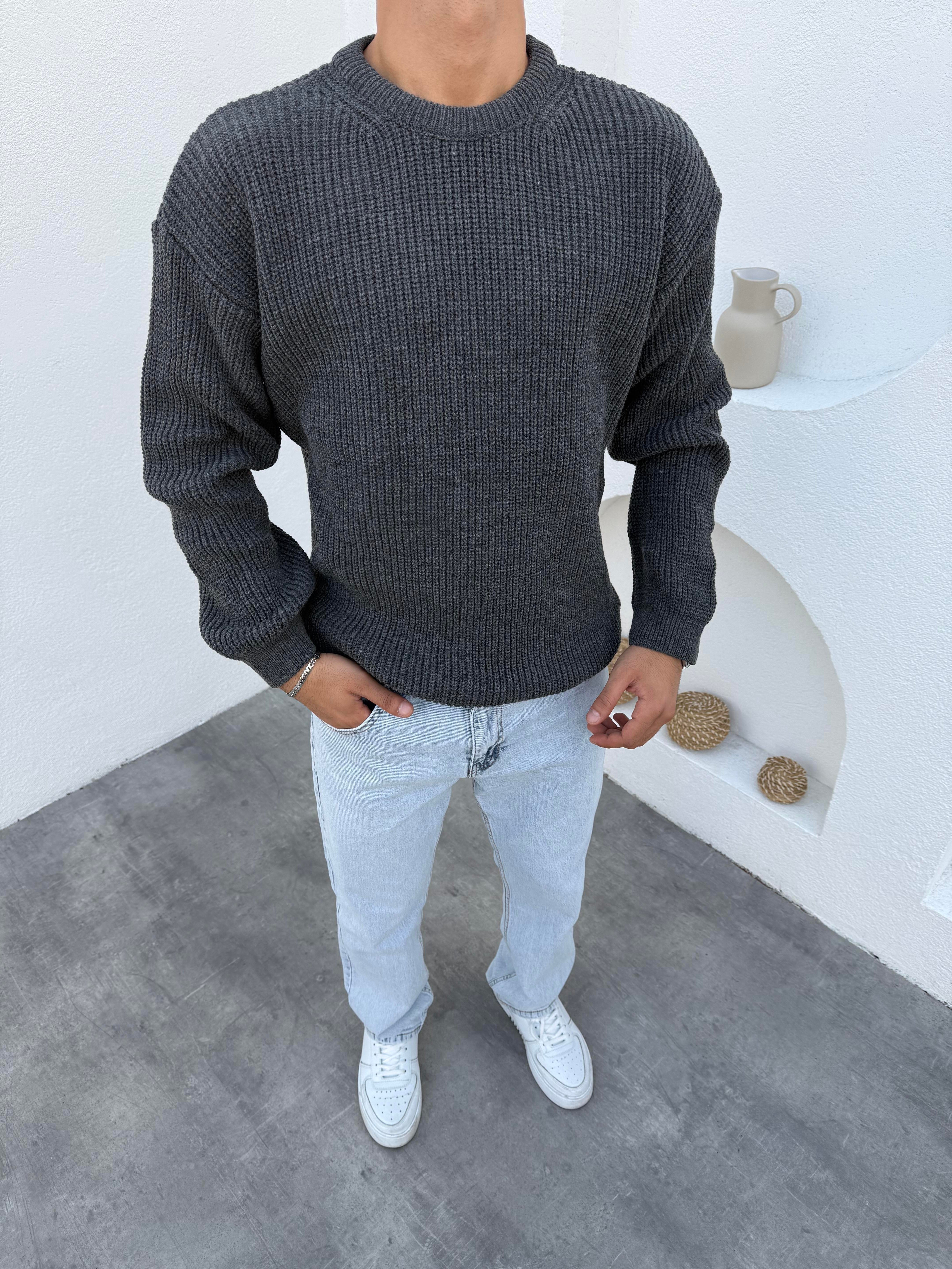 Selanik Pamuk Örme Bisiklet Yaka Triko Kazak Antrasit