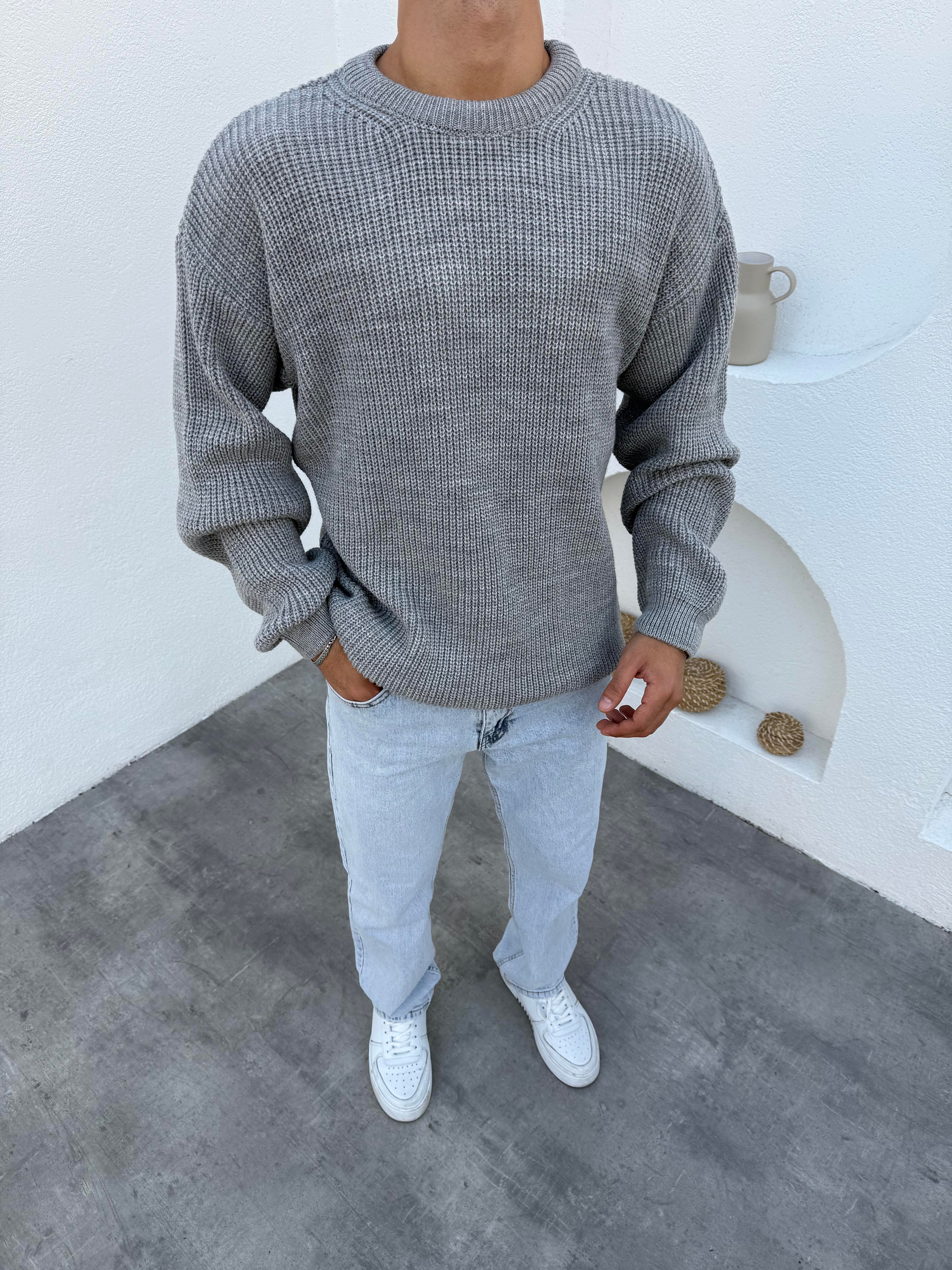 Selanik Pamuk Örme Bisiklet Yaka Triko Kazak Gri