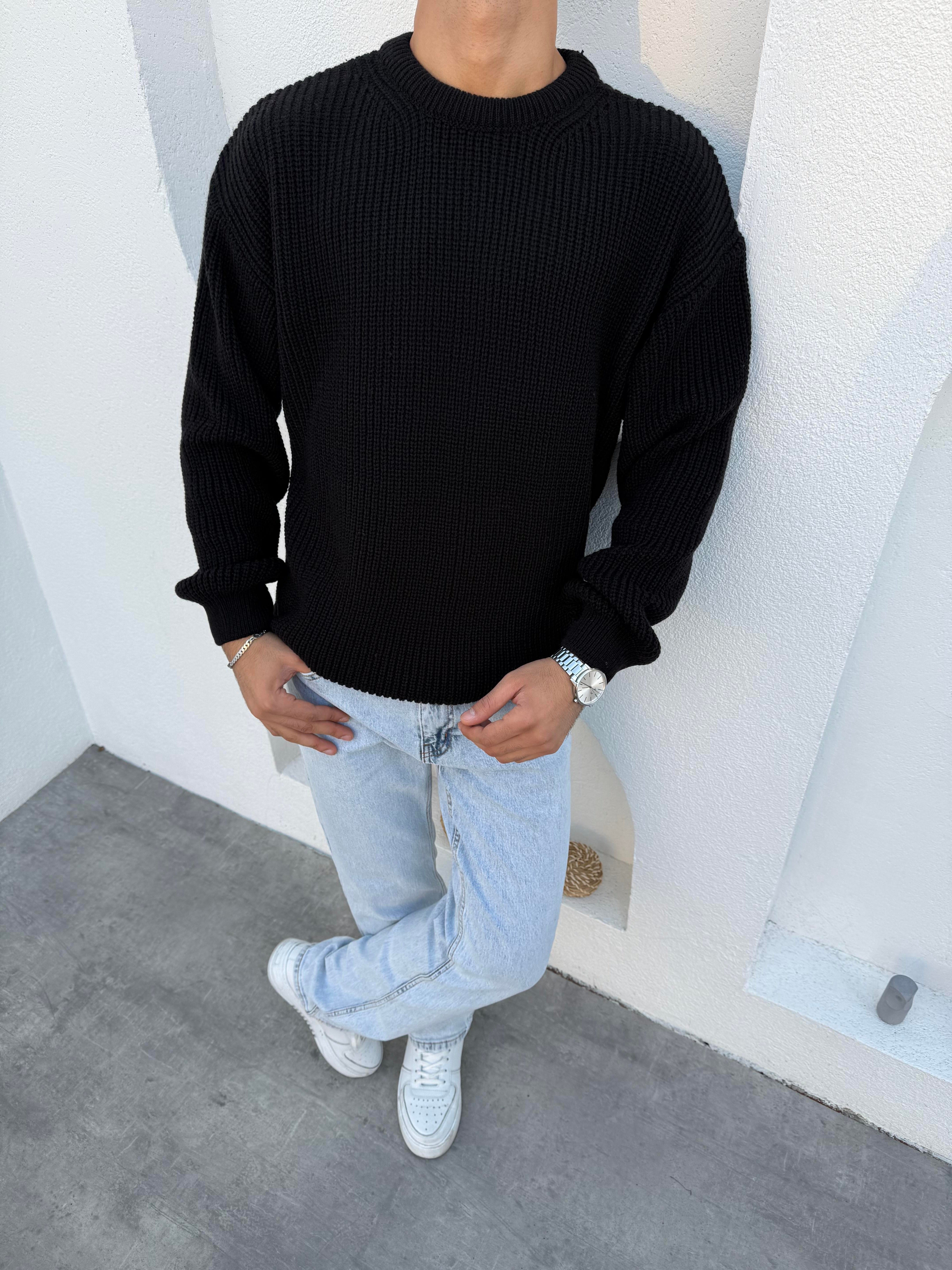 Selanik Pamuk Örme Bisiklet Yaka Triko Kazak Siyah