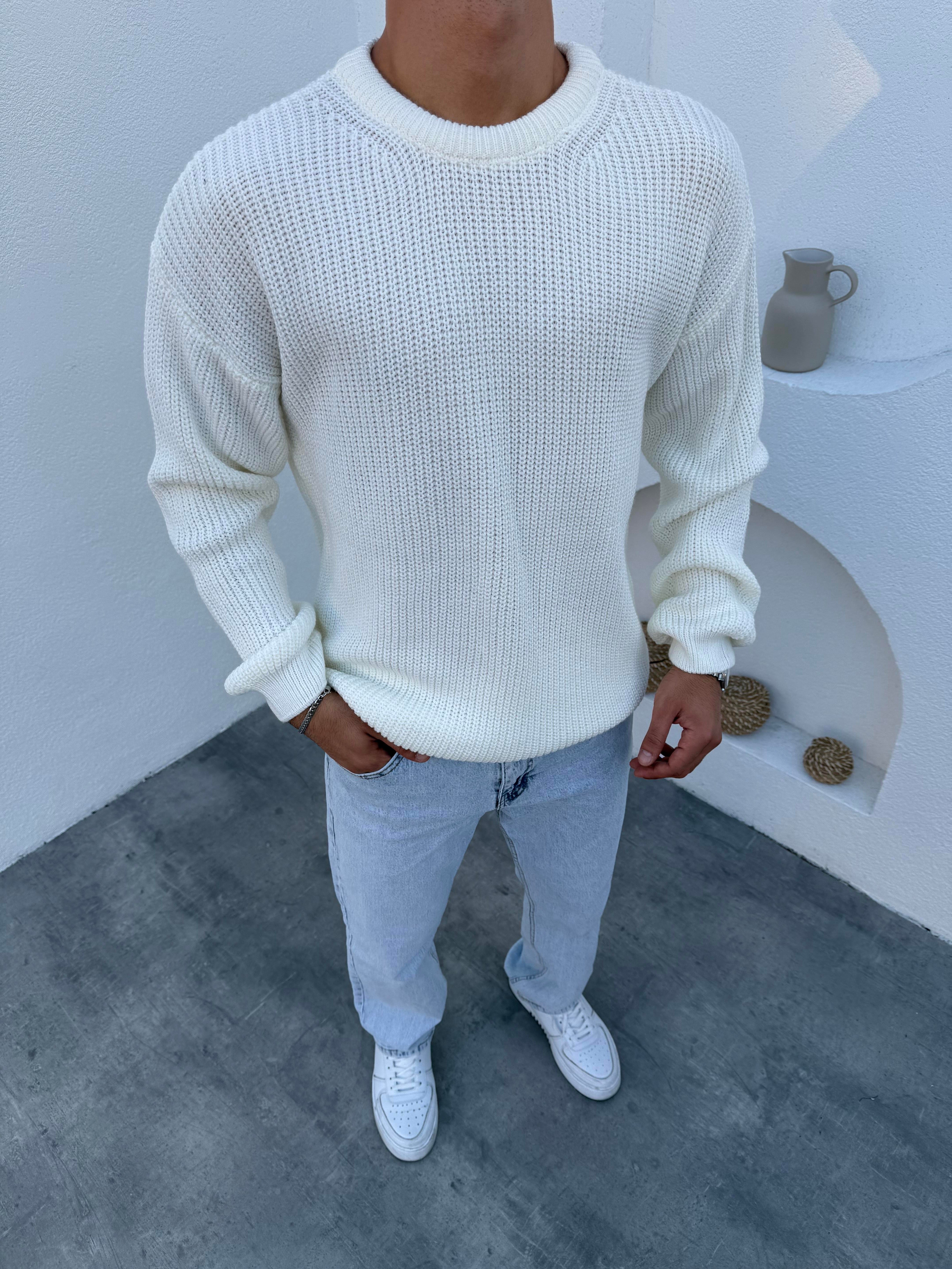 Selanik Pamuk Örme Bisiklet Yaka Triko Kazak Kırık Beyaz