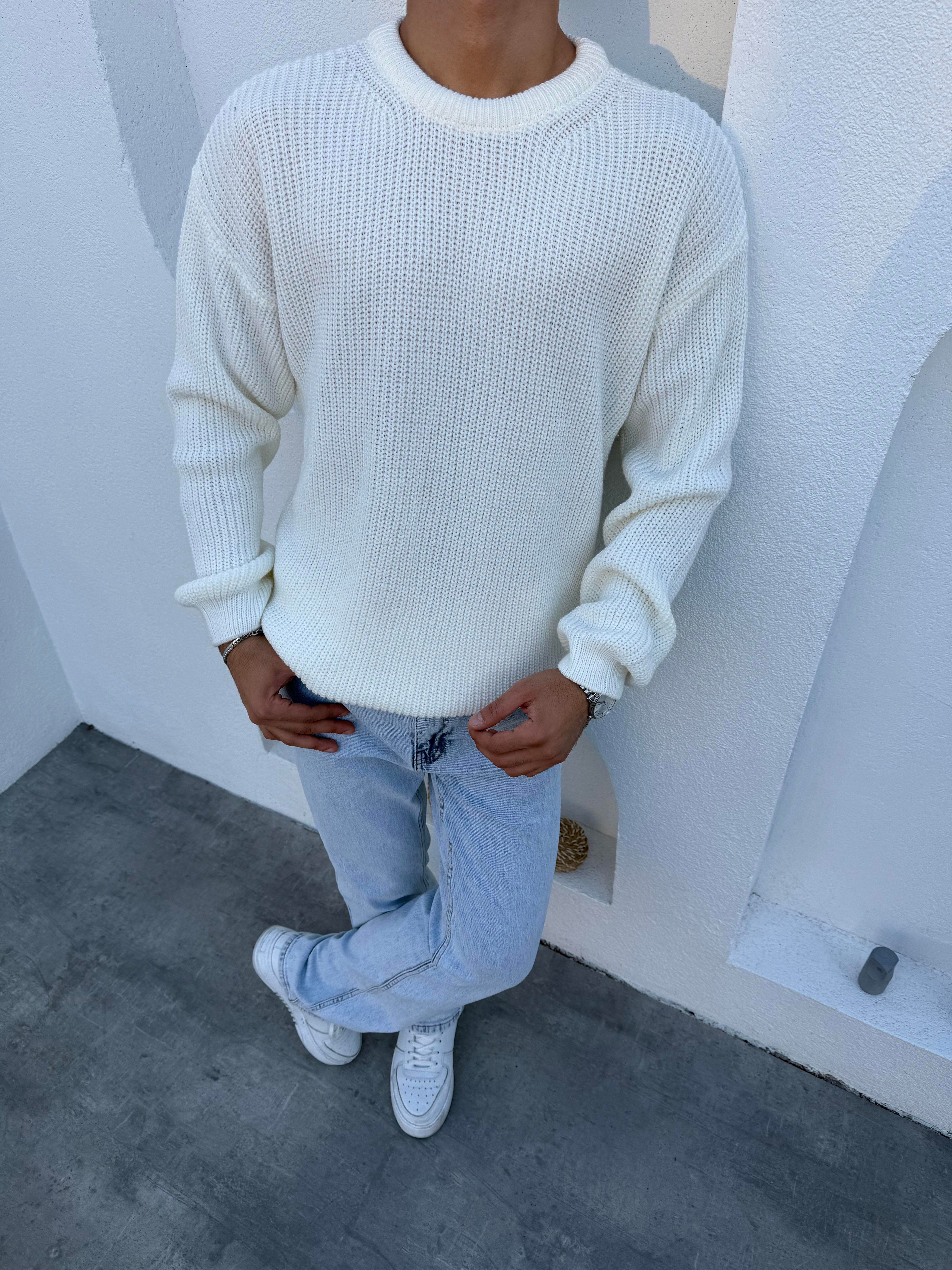 Selanik Pamuk Örme Bisiklet Yaka Triko Kazak Kırık Beyaz