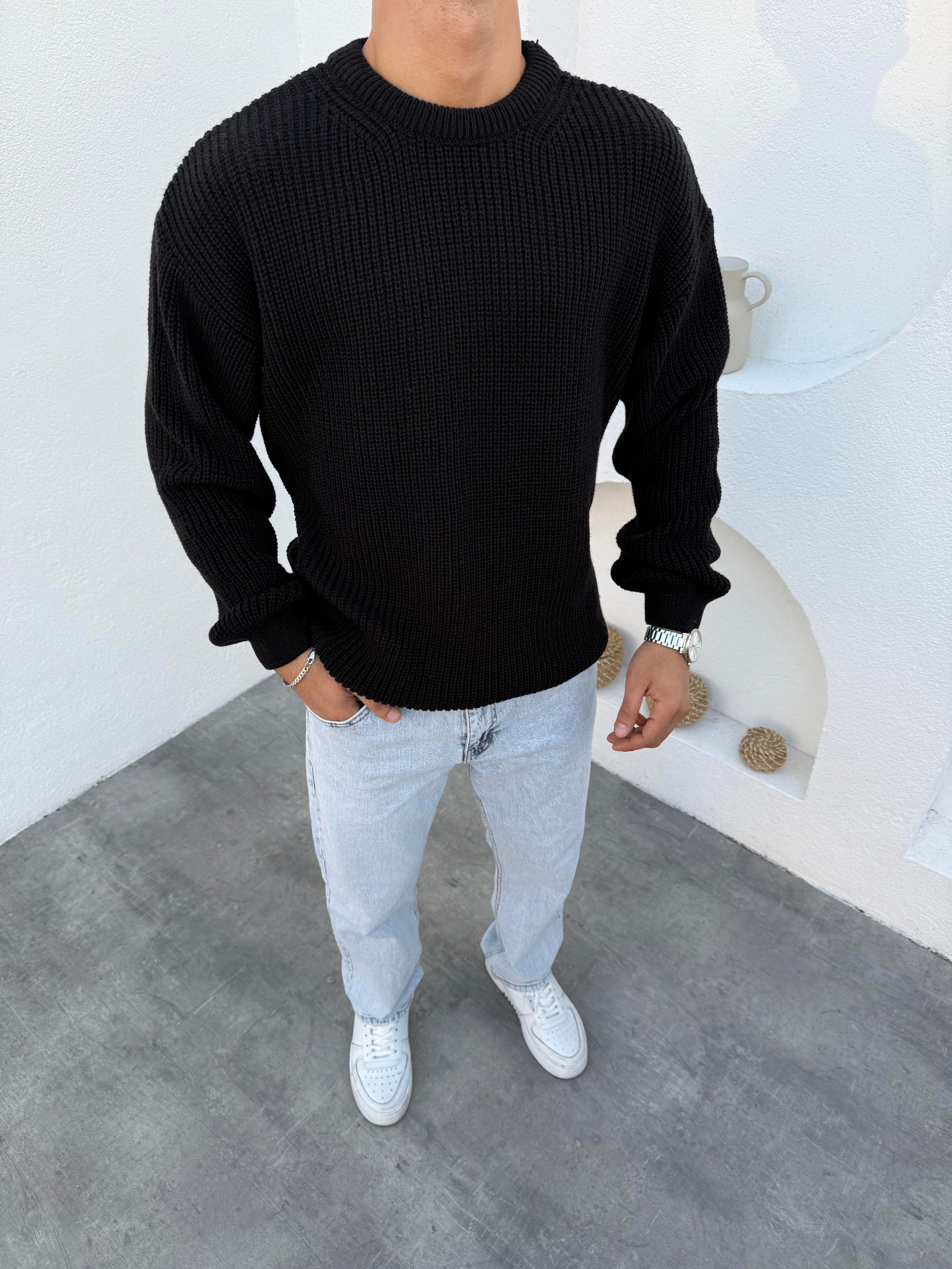 Selanik Pamuk Örme Bisiklet Yaka Triko Kazak Siyah