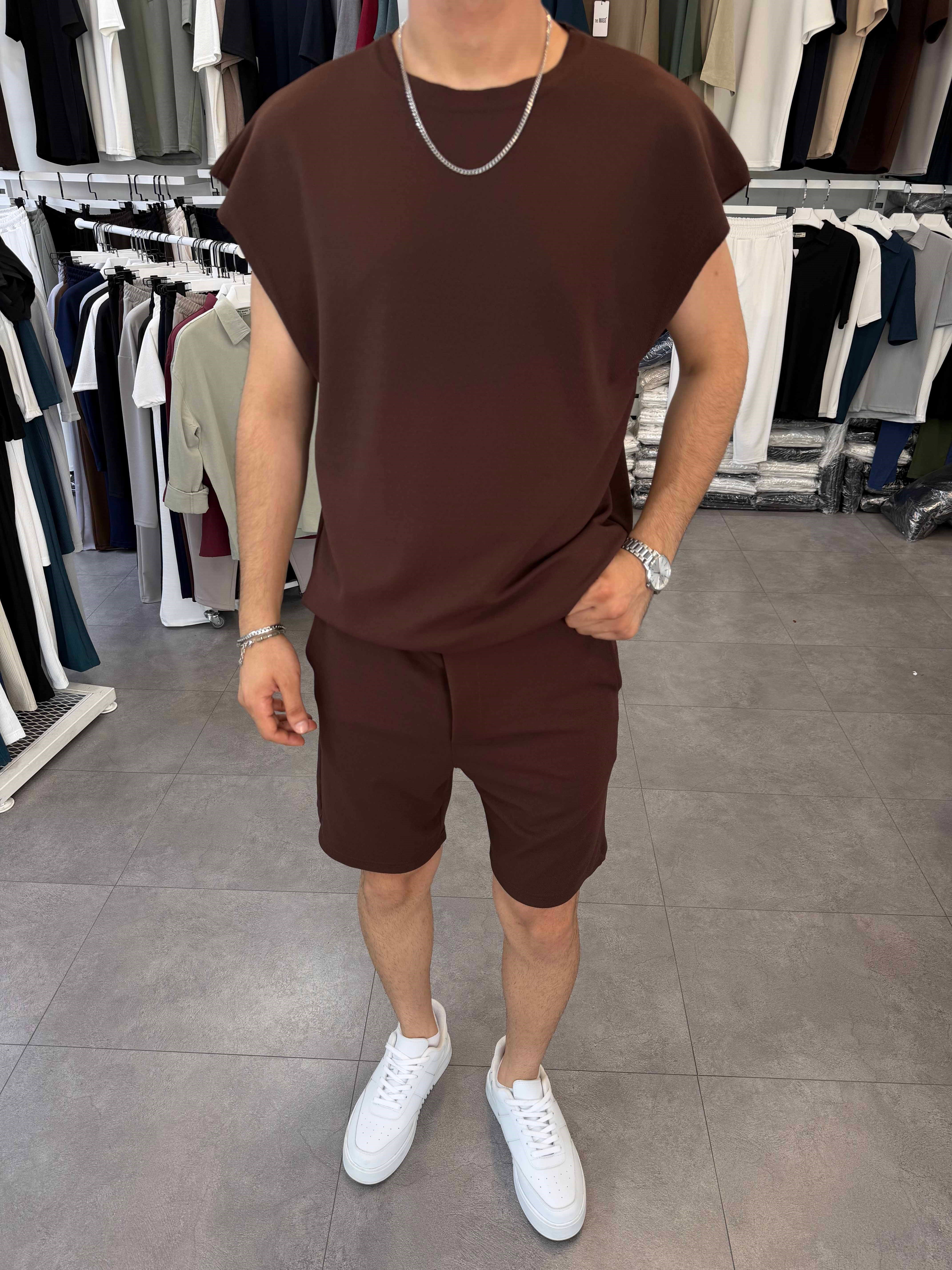 Sıfırkol Şortlu Oversize Takım Kahve