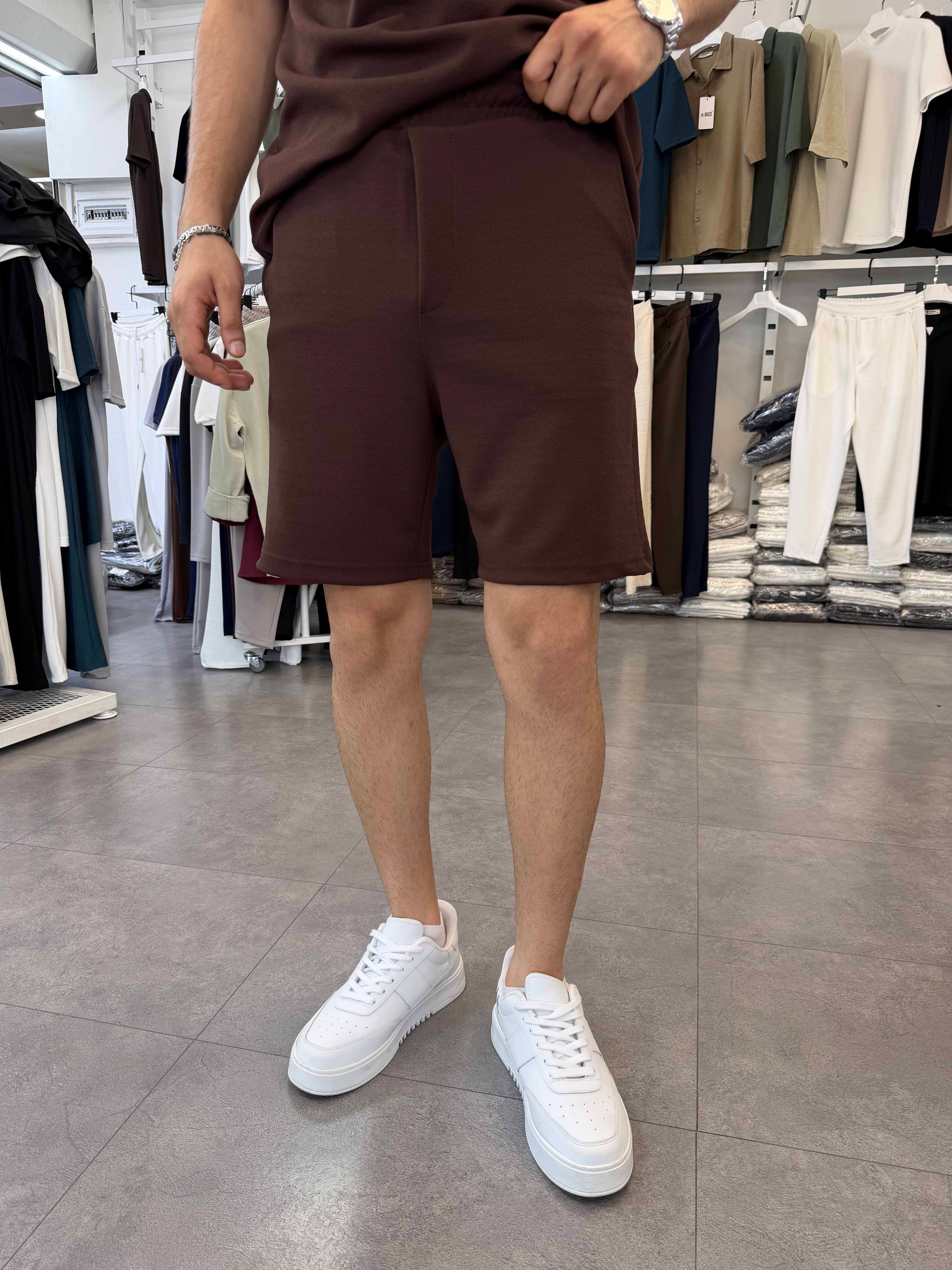 Sıfırkol Şortlu Oversize Takım Kahve