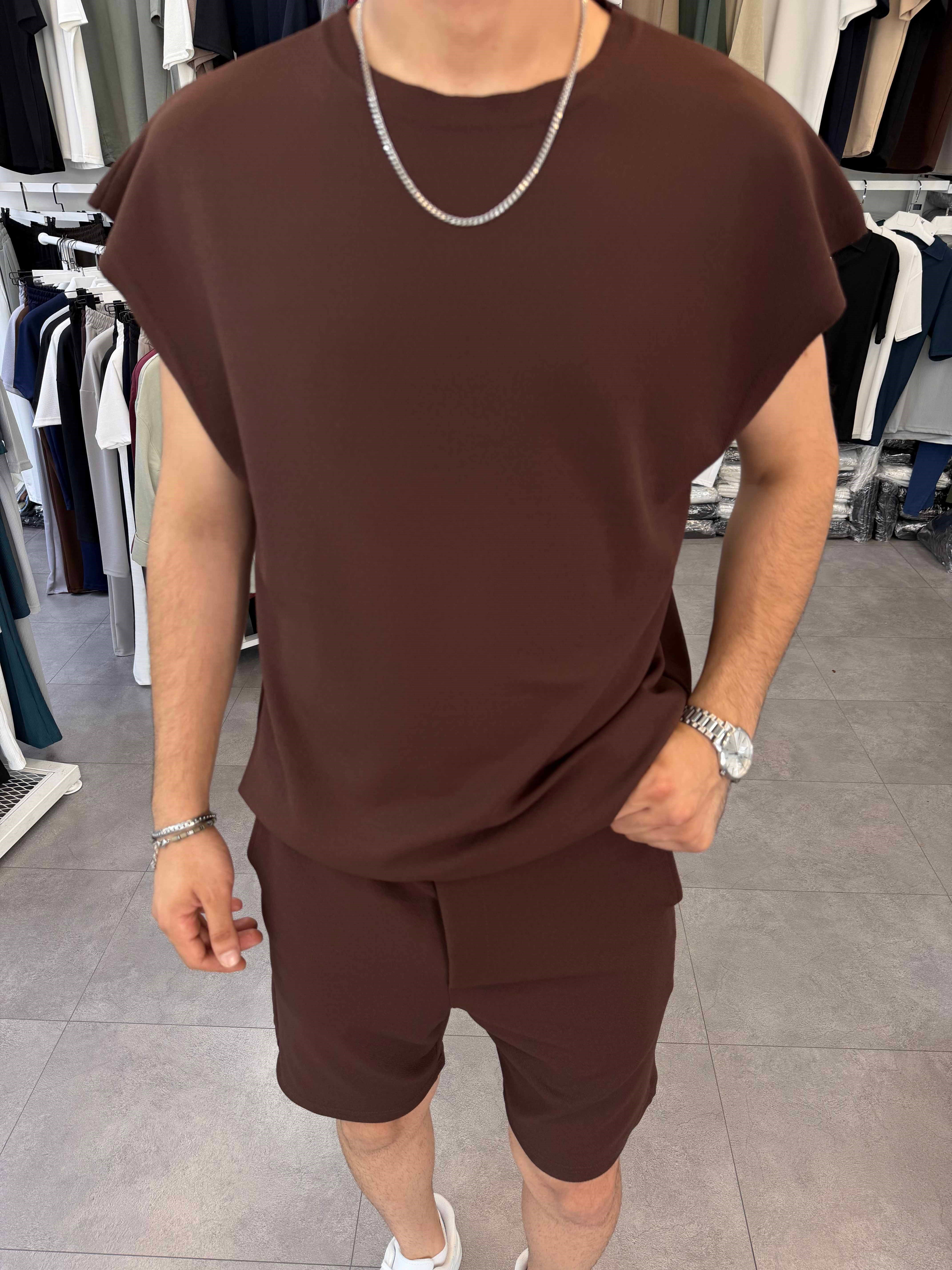Sıfırkol Şortlu Oversize Takım Kahve