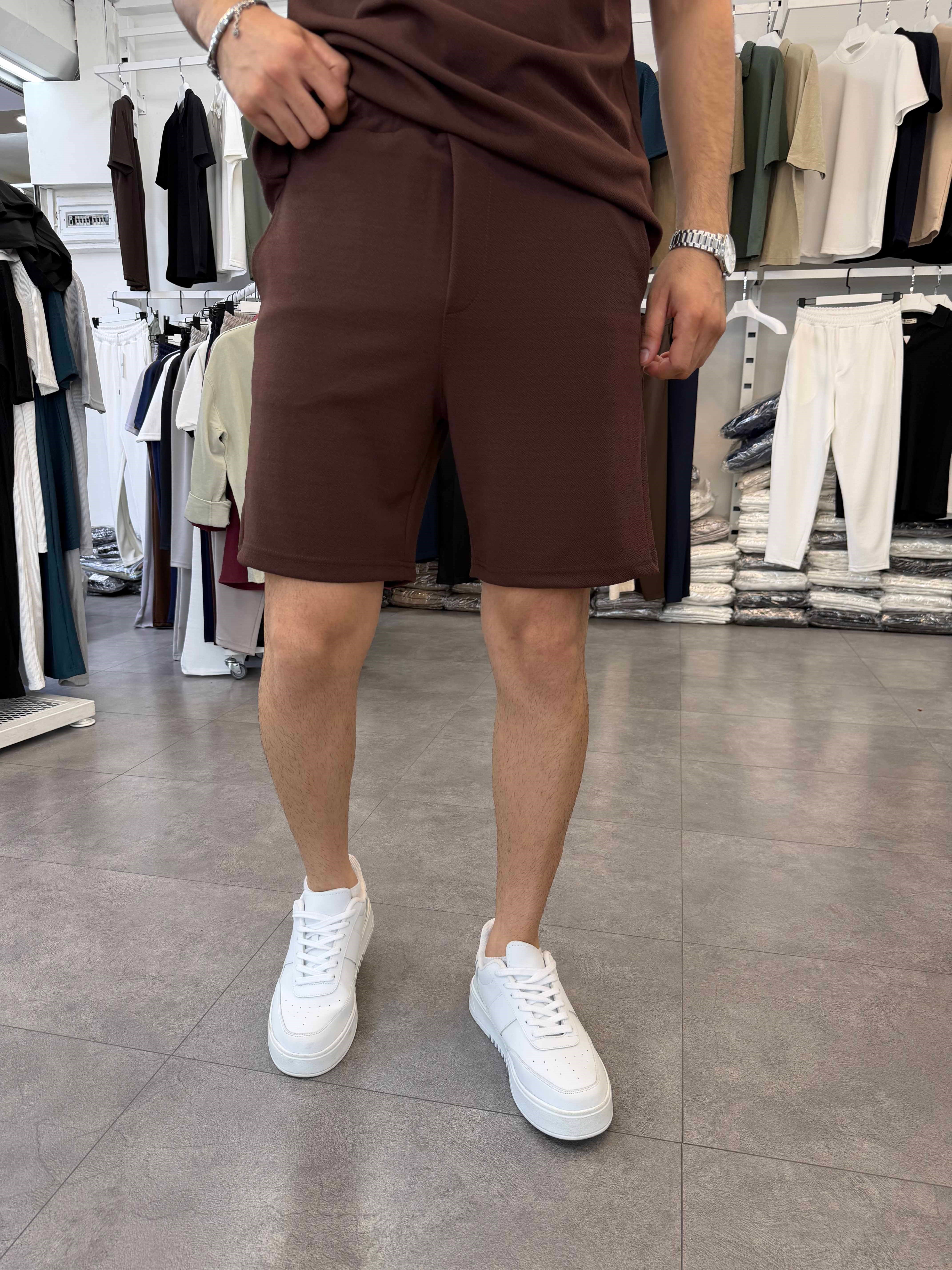 Sıfırkol Şortlu Oversize Takım Kahve