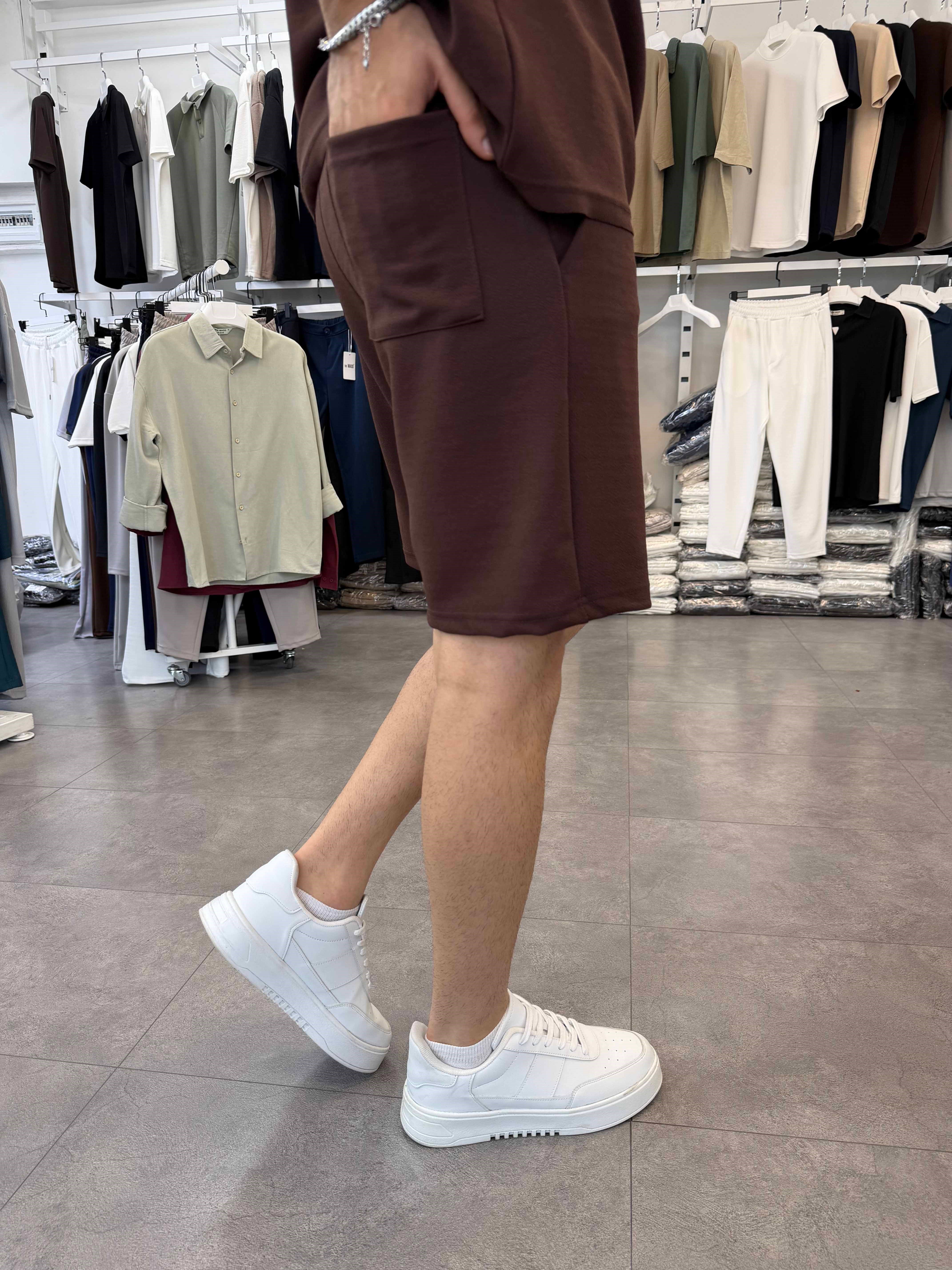 Sıfırkol Şortlu Oversize Takım Kahve