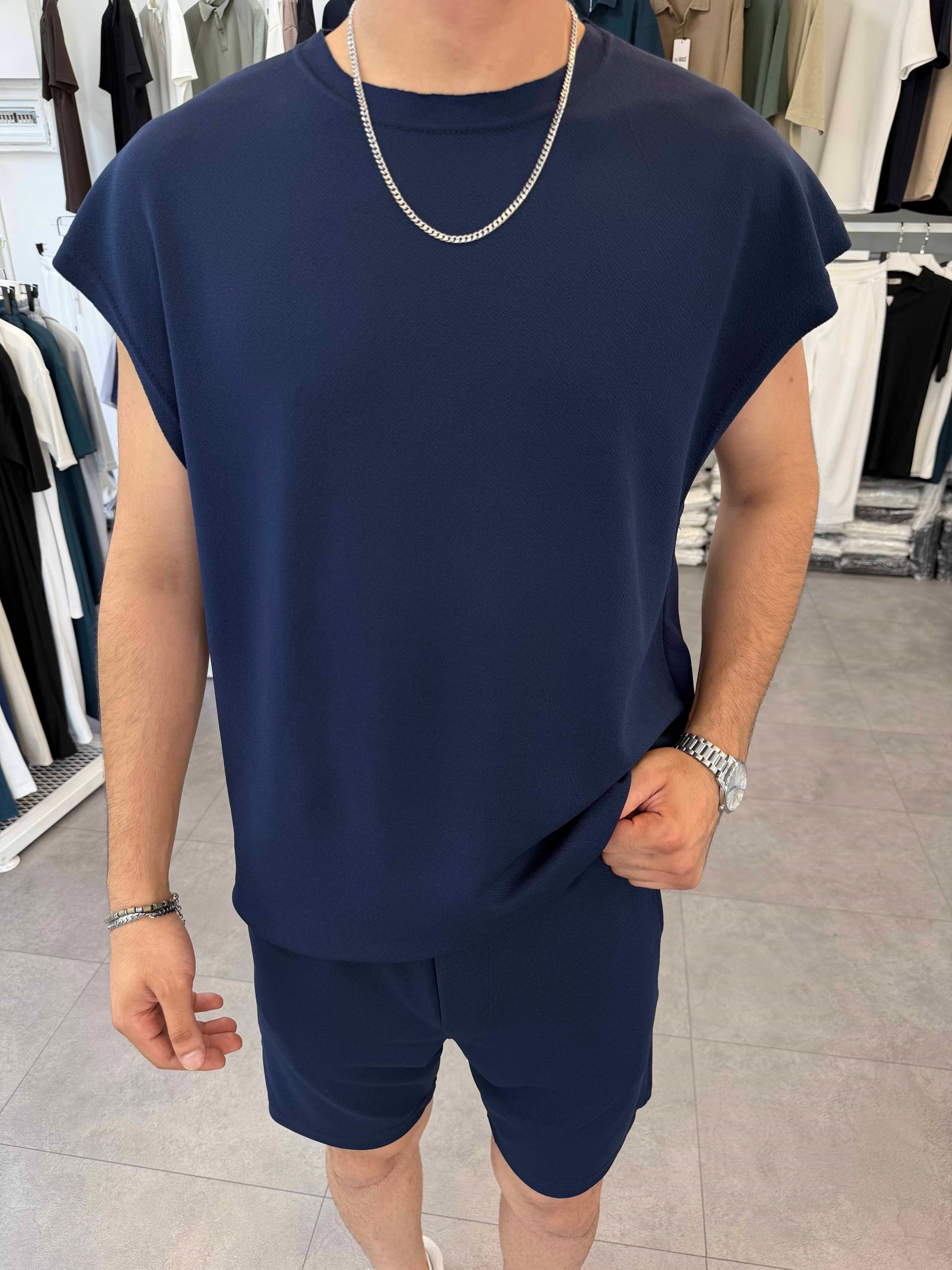 Sıfırkol Şortlu Oversize Takım Lacivert