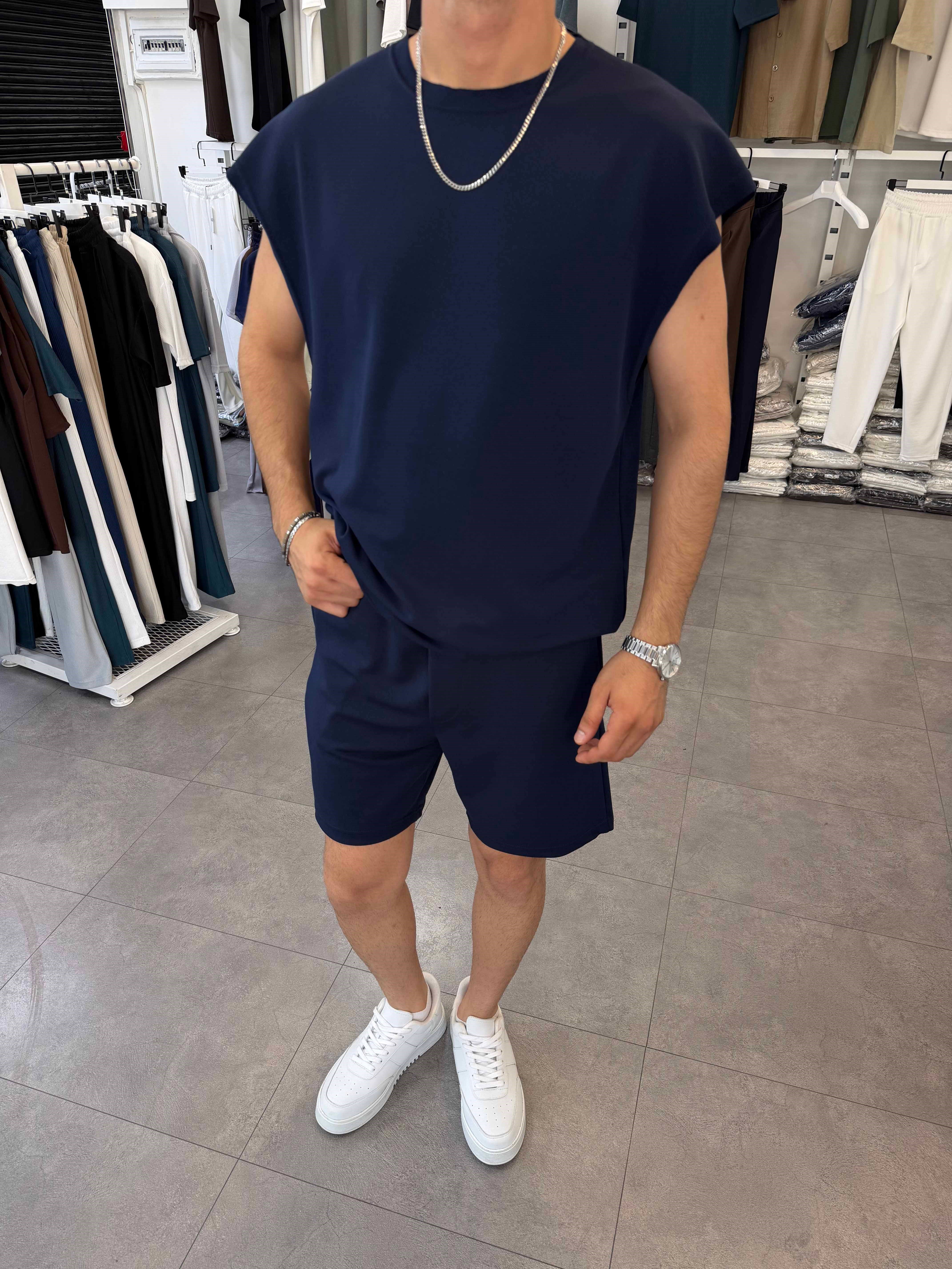 Sıfırkol Şortlu Oversize Takım Lacivert