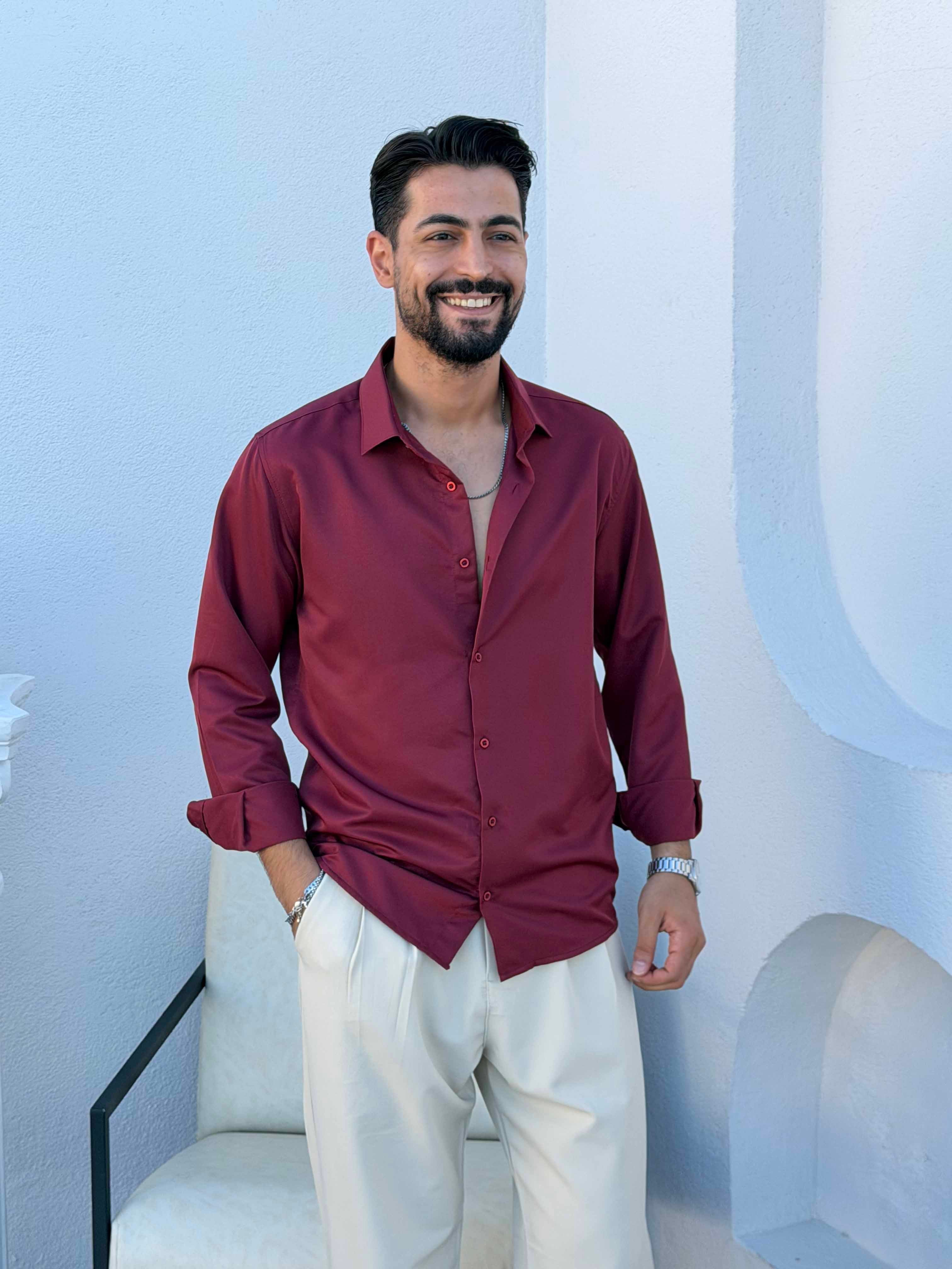 Slimfit Saten Gömlek Bordo