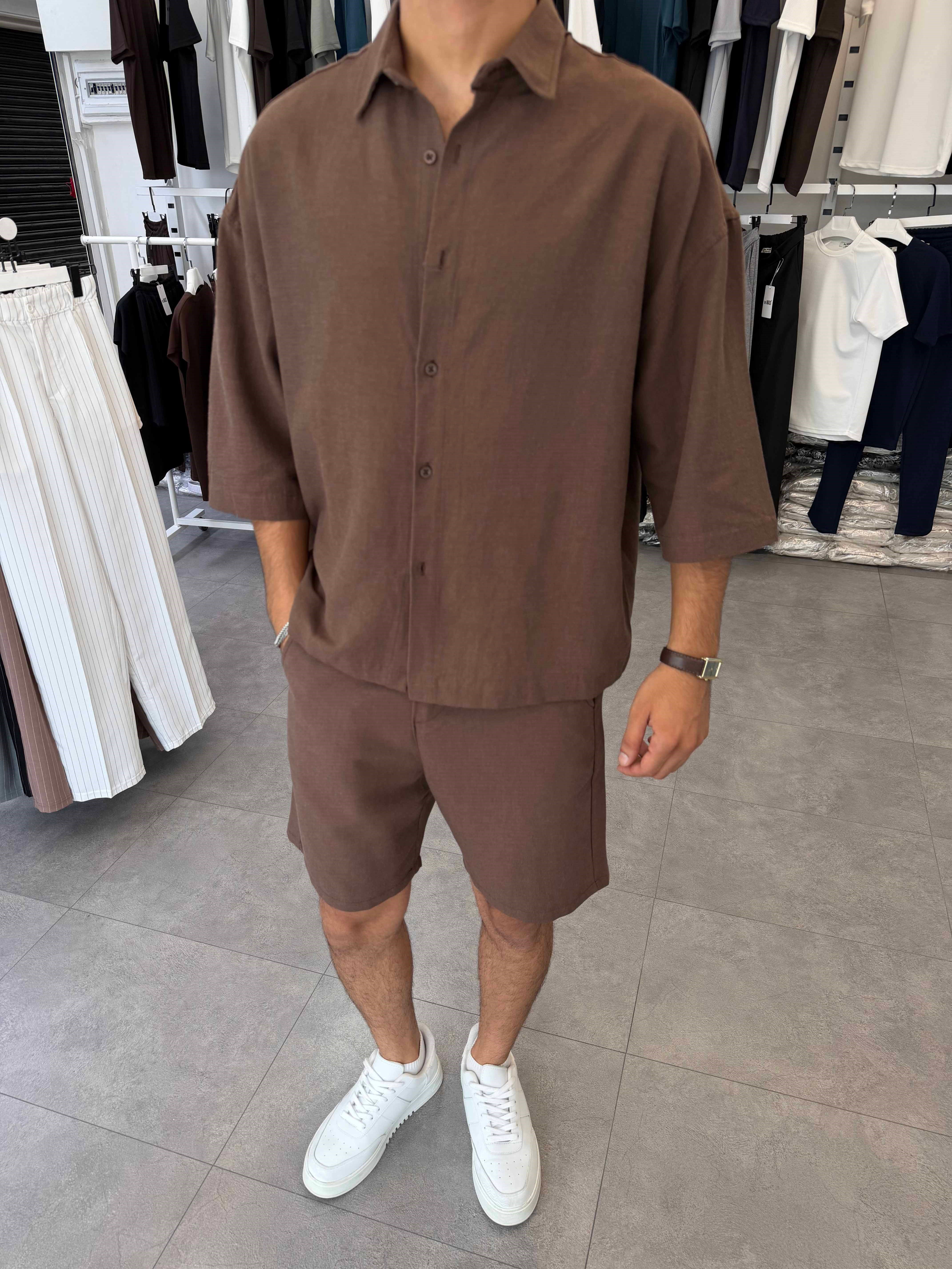Viskon&Keten Oversize Şortlu Takım Acı Kahve