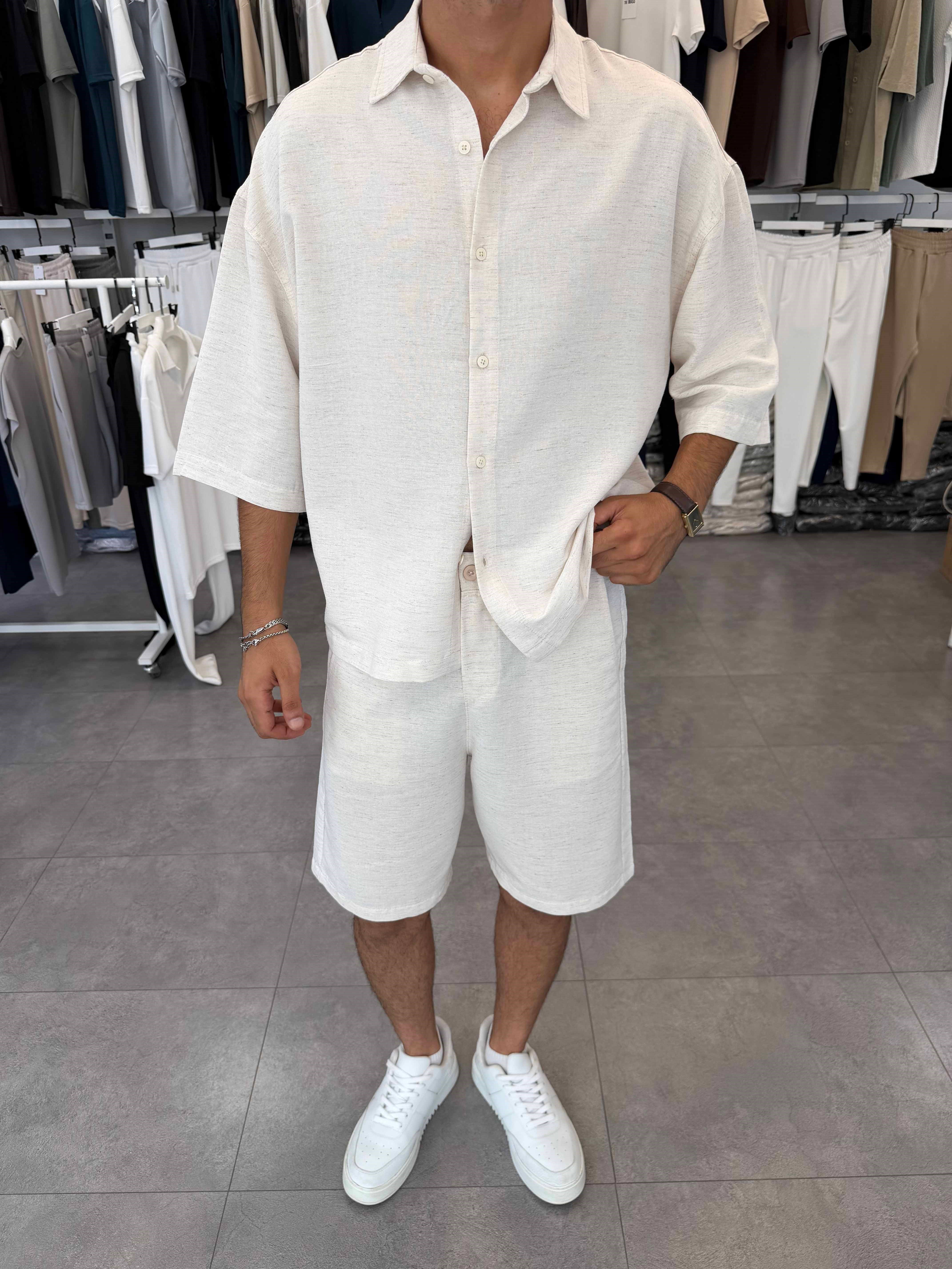Viskon&Keten Oversize Şortlu Takım Bej