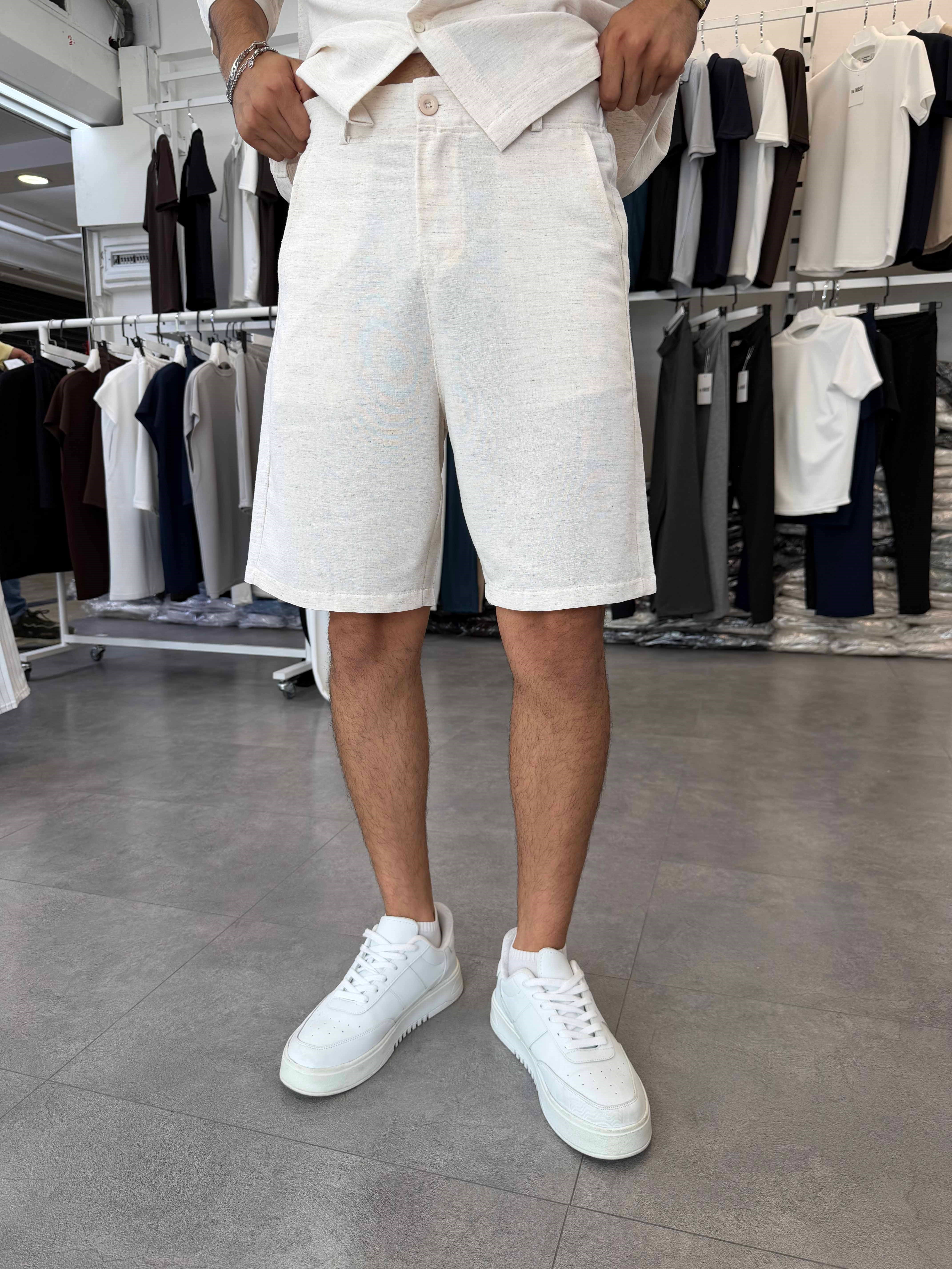 Viskon&Keten Oversize Şortlu Takım Bej